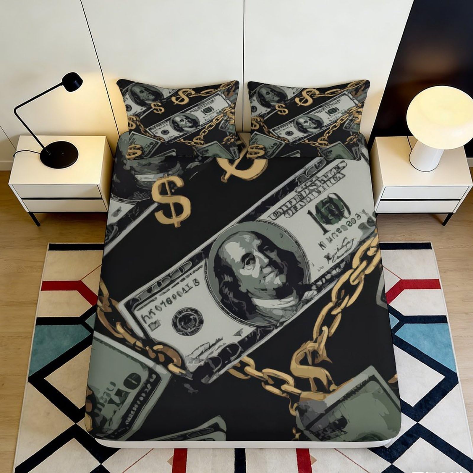 Rqzkjxnhpf Style-3 3D Printed Money Chain Fitted Sheet Microfiber Deep Pocket Non-Slip Bedroom Bedding Money Theme Mattress Fitted Cover Washable For Adults Teens 200X200x25cm 90X200x25cm