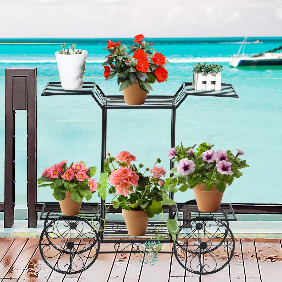 COSTWAY Pflanzenregal Metall, Blumenregal schwarz, Blumenständer mit 6 Ablagen, Pflanzenhalter für den Innen- und Außenbereich, Pflanzenständer Balkon Garten , Freistehender Blumenwagen