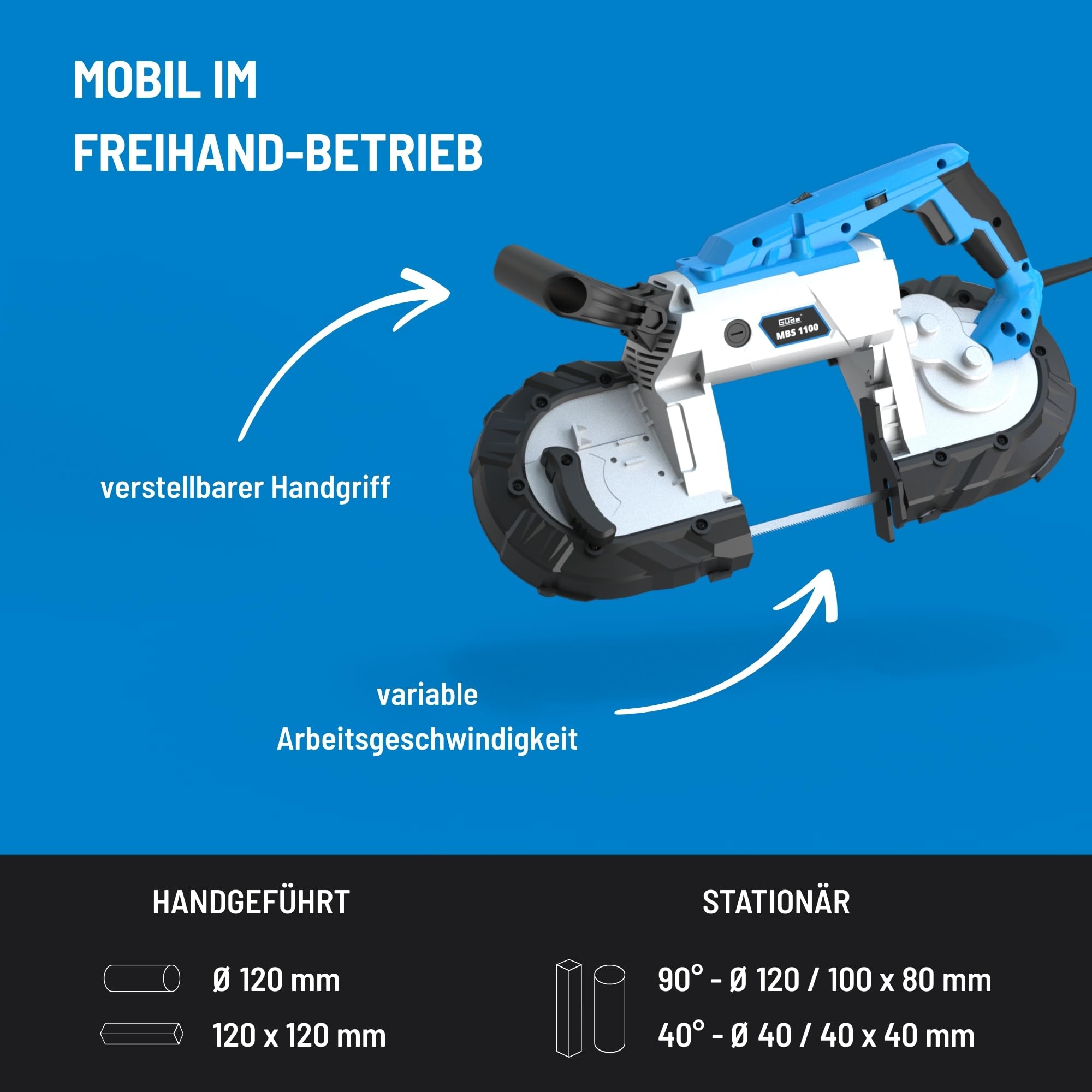 Güde Metallbandsäge MBS 1100 (1100 W, abnehmbarer Arbeitstisch (stationären & mobilen Einsatz), Bandgeschwindigkeit 144 m/min, 2 Sägebänder 1140 mm, LED Licht, Schnittleistung bis 100 mm/ø120 mm)