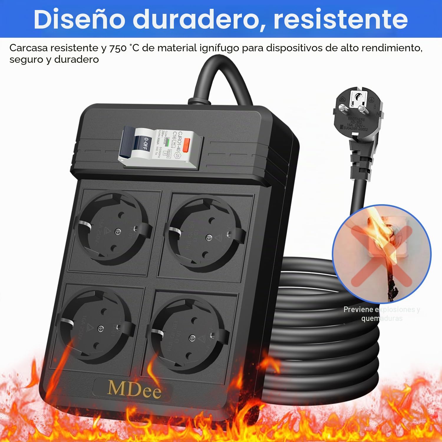 MDee RCD Regleta de enchufes con Interruptor diferencial, Proteccion Sobretension con 4 Toma de Corriente(4000W/16A), Cable alargador de 3 m, para electrodomésticos, Herramientas y Exteriores