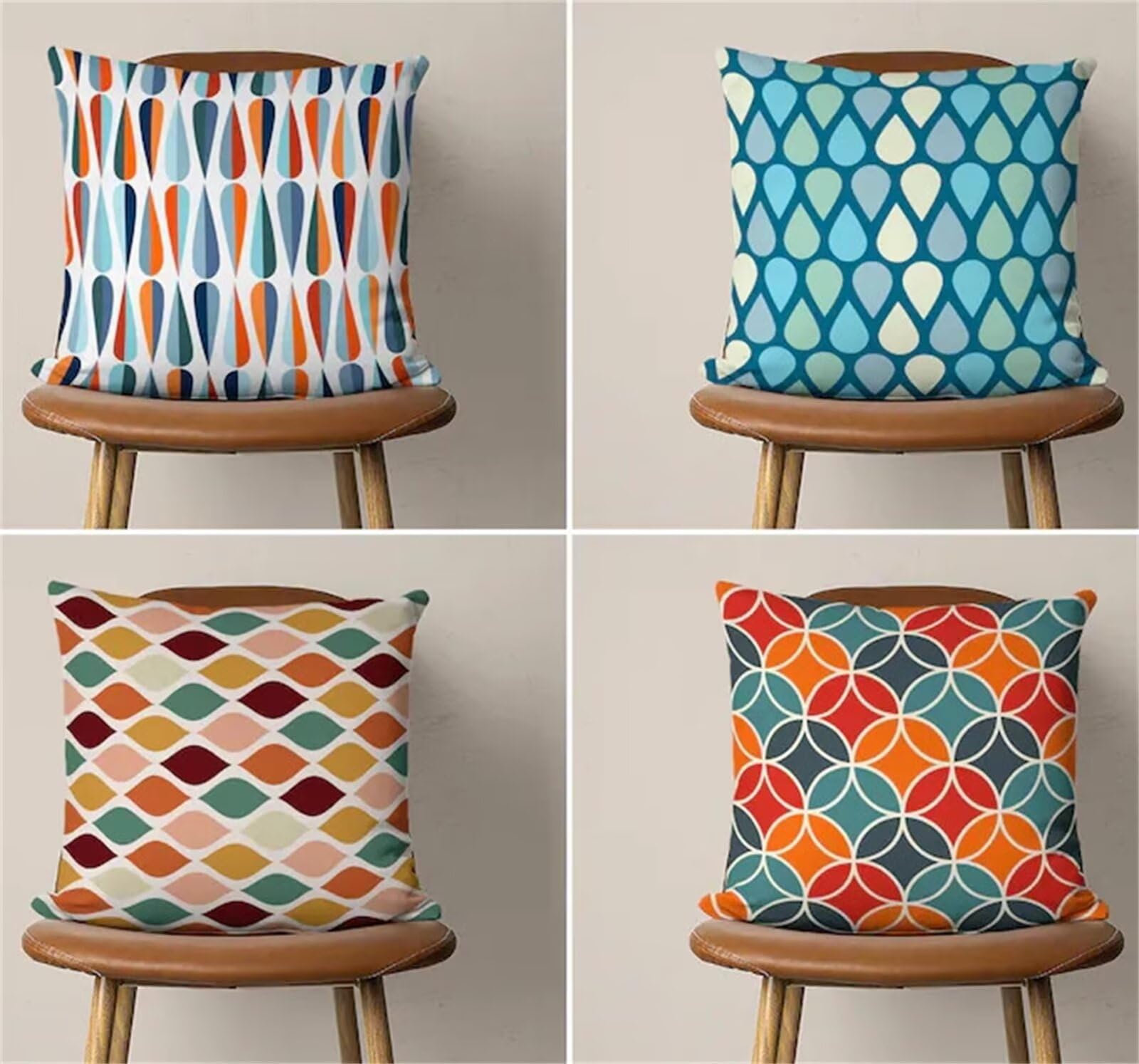Heaen Outdoor Cushions Covers Waterproof 35x35 cm Set of 4 Square Linen Pillow Cases Green Yellow Geometric Decorative Dushions for Sofa Porch Patio Home Decor