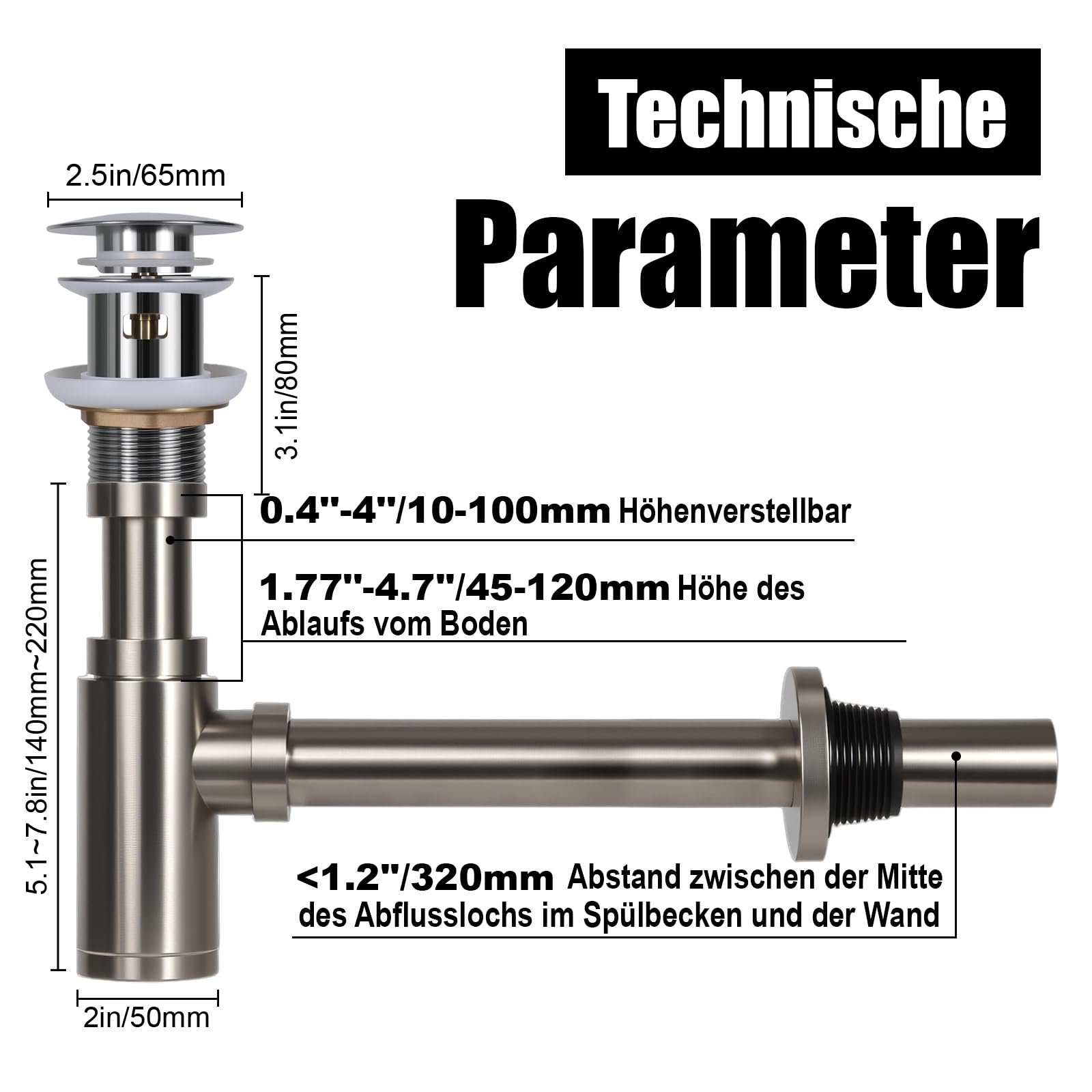 Siphon Waschbecken Ablaufgarnitur mit Überlauf - Edelstahl 304 Universal Siphon Waschbecken Bad, Syphon Sifon Pop Up Abflussgarnitur Abfluss Flaschensiphon, Silber