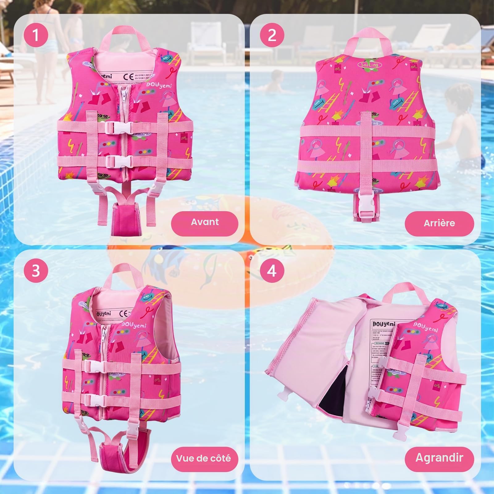 Gilet de Natation pour Enfants - Aide à la Natation avec Bretelles de Sécurité Réglables pour Enfants de 15-35kg/2-9 Ans, Convient pour Piscine Plage et Cours de Natation