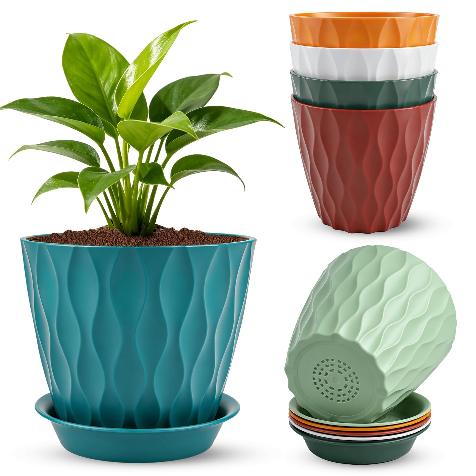 MOXYOY 12.5cm Colorful Plant Pots, 6 Pack Plastic Flower Pots with Drainage Holes and Tray, Indoor Outdoor Planters for All House Plants, Flowers