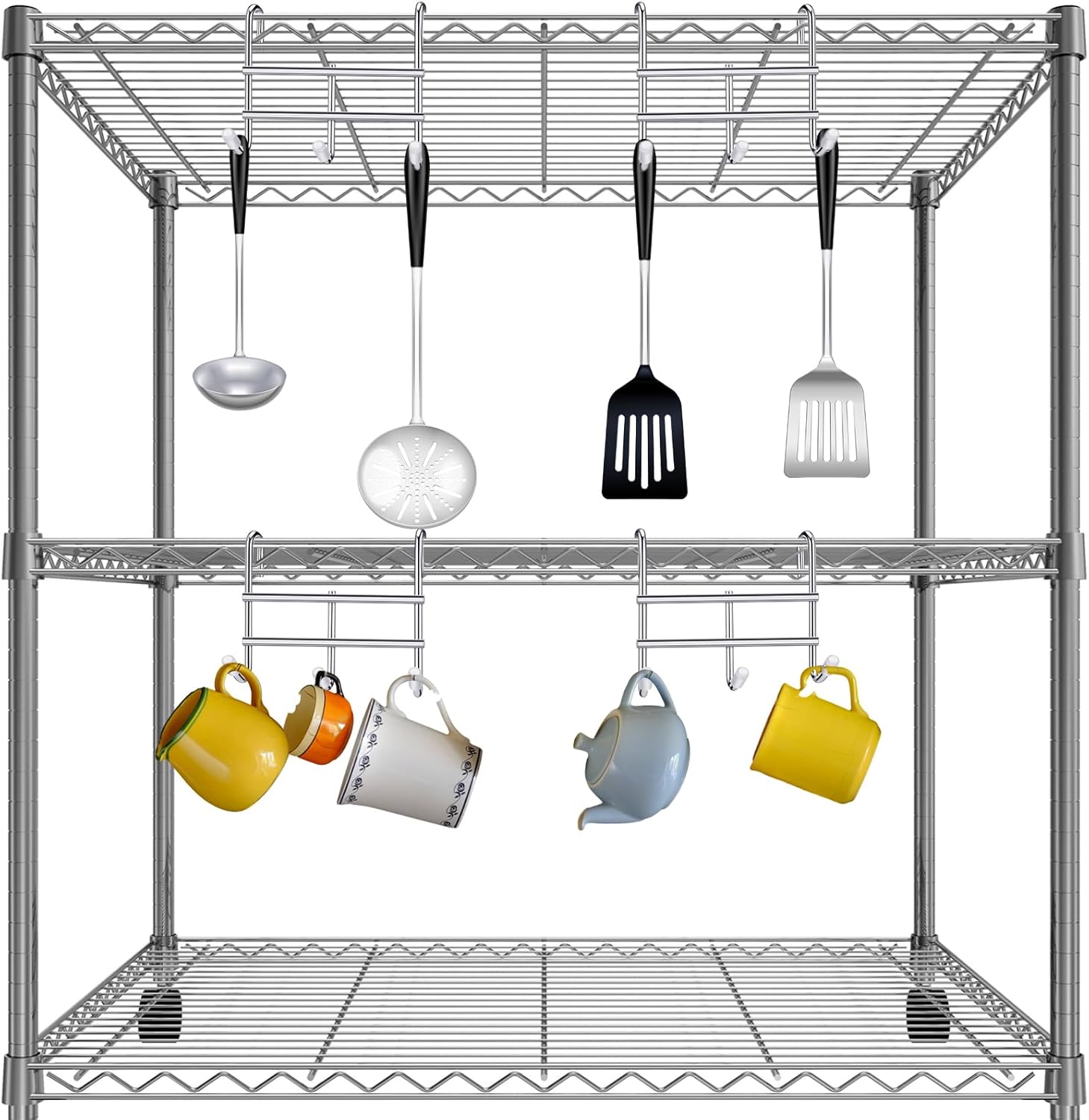 Teenyyou 12 Pack 3 Hook Attachment for Wire Shelving 3.75" l x 1.625" d x 3.25" h Wire Shelving Hooks Accessories Steel Hanging Rack Metal for Storage Organizer (Chrome)