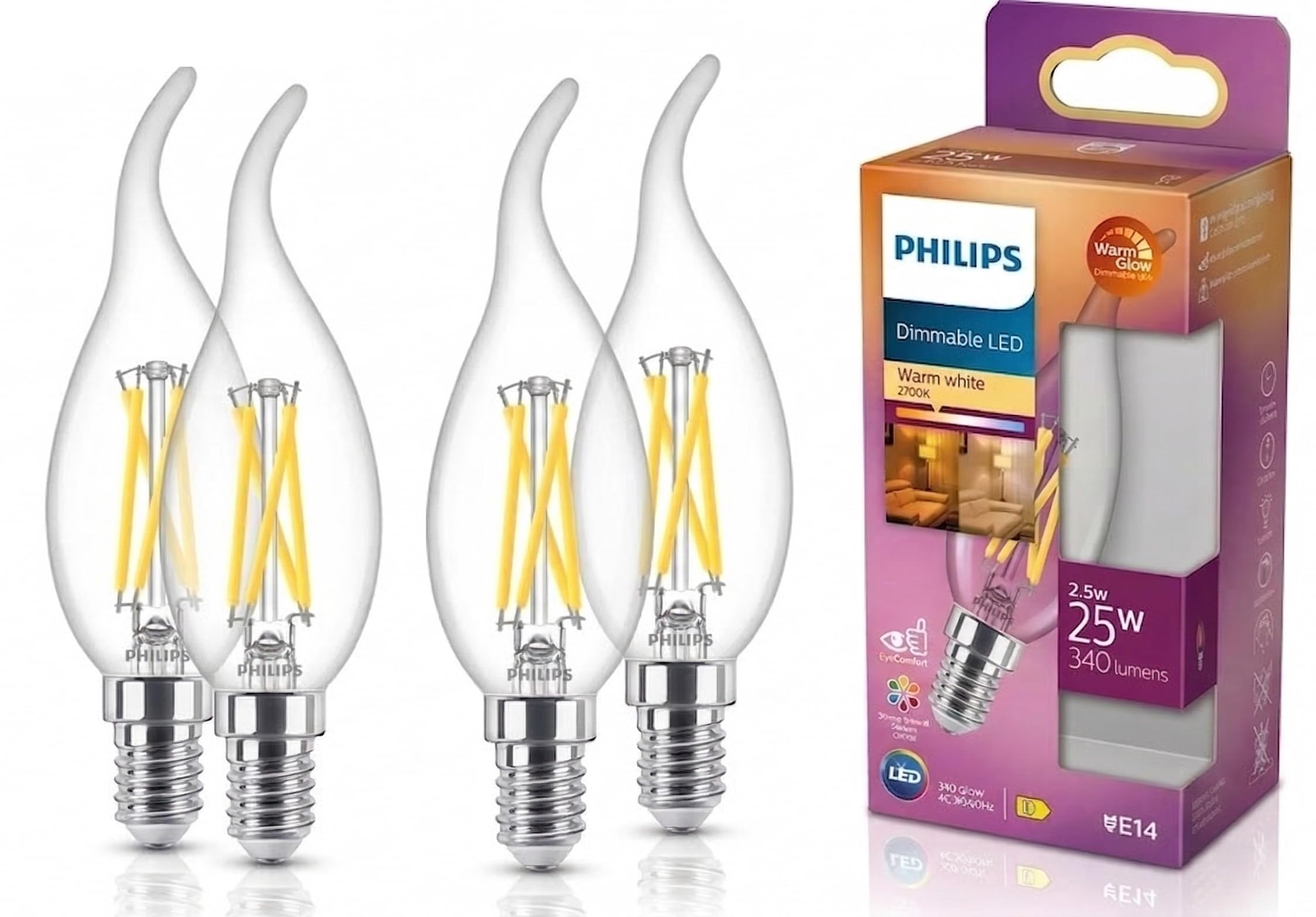 PHILIPS Flame Tip LED Candle Light Bulbs, Dimmable, E14, 2.5W, 340 Lumens, 25W Equivalent, Clear, Warm Glow 2200-2700K – 4 Pack