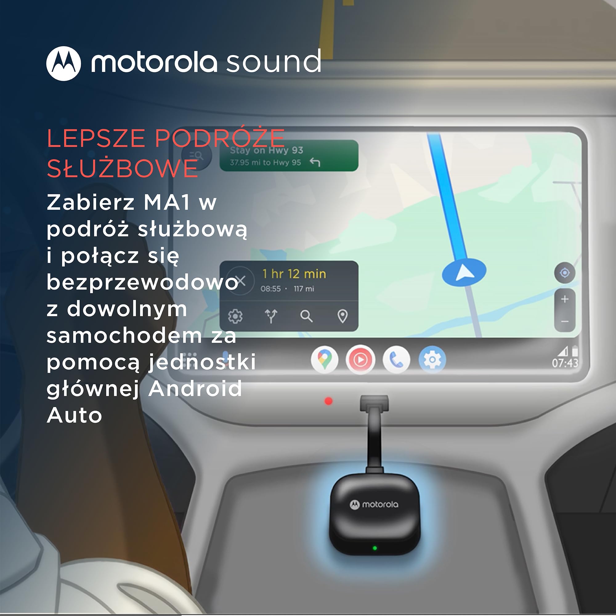 Motorola Sound MA1 - jedyny autoryzowany przez Google bezprzewodowy adapter samochodowy z systemem Android, natychmiastowe połączenie ze smartfona z ekranem samochodu