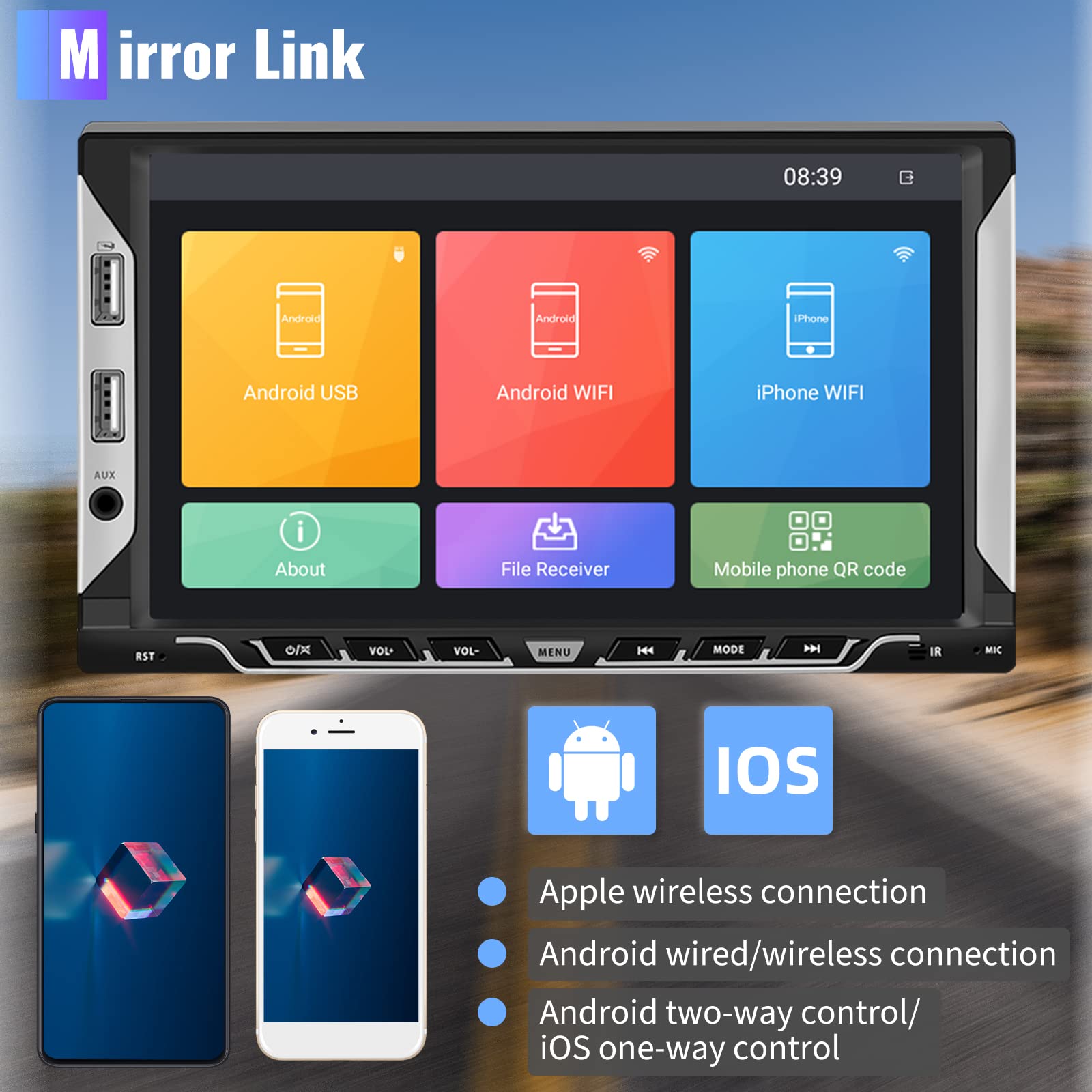 Radio Estéreo Coche 2 DIN Android 11 GPS Pantalla Táctil 7 Pulgadas Radio Mirror Link para iOS/Android Navi 2 DIN RDS, Bluetooth WiFi FM, con 6 Puertos USB + Cámara Trasera+ Cable ISO