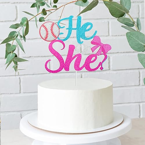Miniatura 3 de Él or She Gender Reveal Cake Topper - Decoración para pastel de béisbol o lazos para niño o niña, suministros de anuncio de embarazo azul o rosa