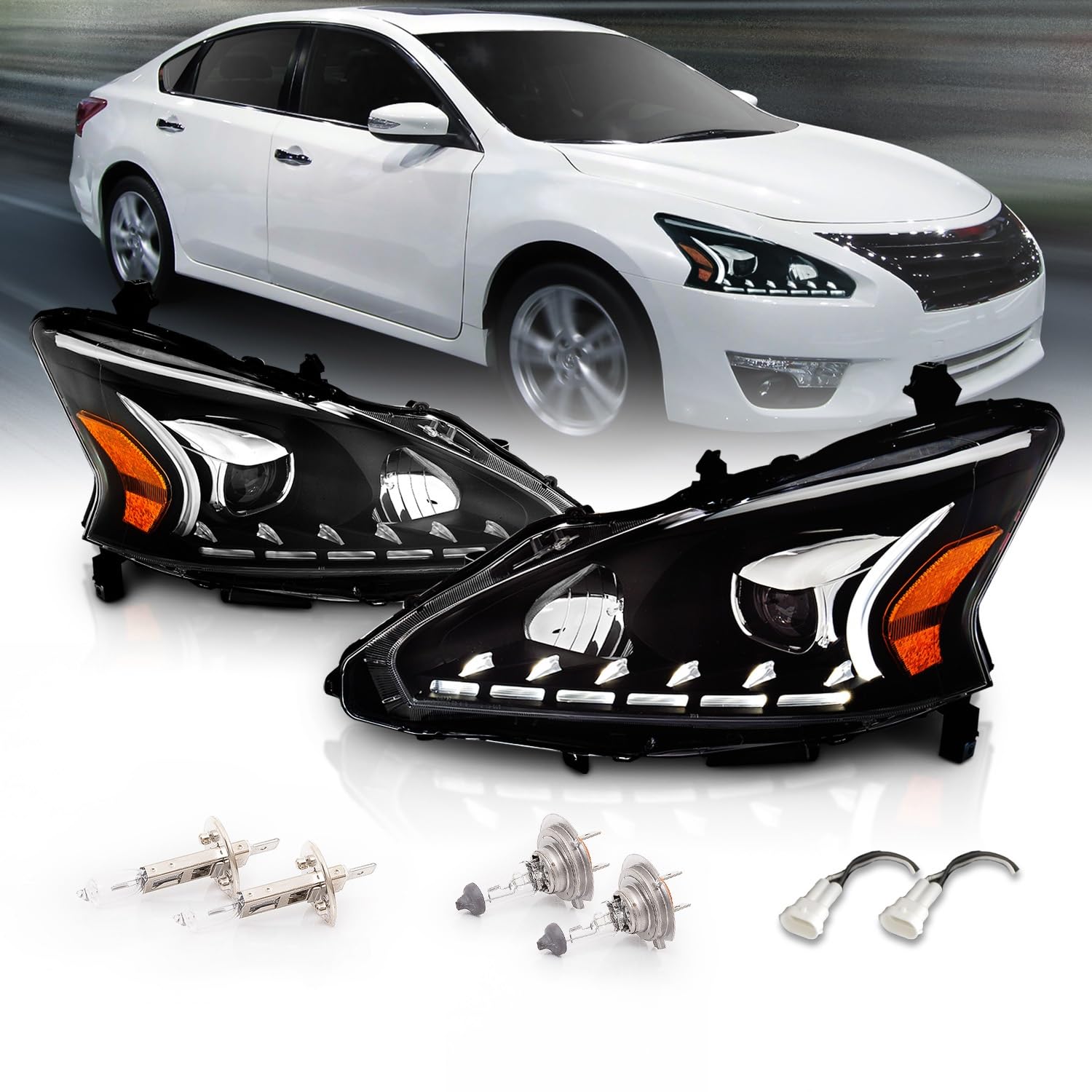 Projector Halogen Headlights LED Bar Style Set For 2013-2015 Nissan Altima 4 Door Sedan - Passenger and Driver Side, Vehicle Light Assembly, Black Housing