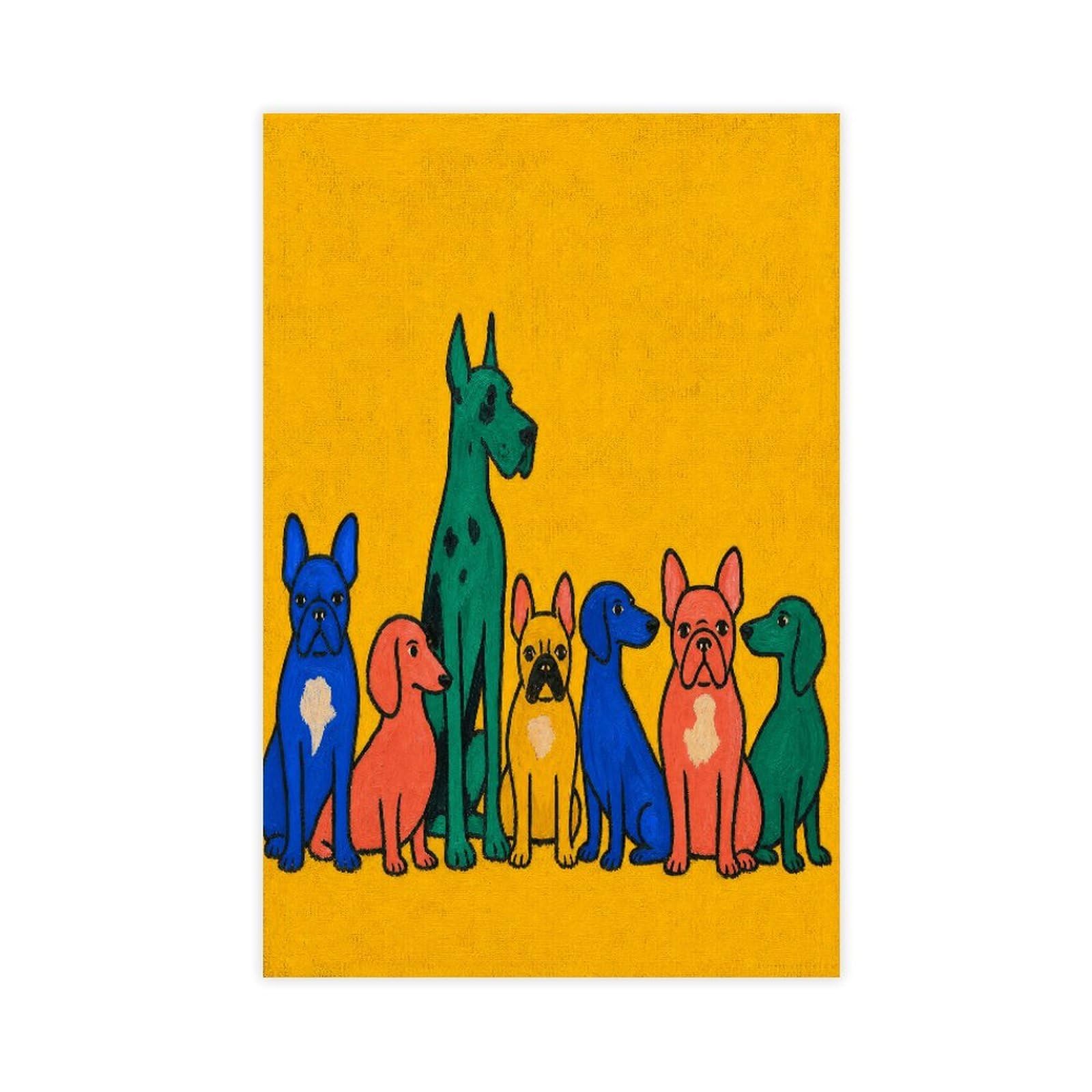 H3b8u2y5 Unframe-Style-16 Colorful Dog Group Canvas Wall Art, Yellow Background Entryway