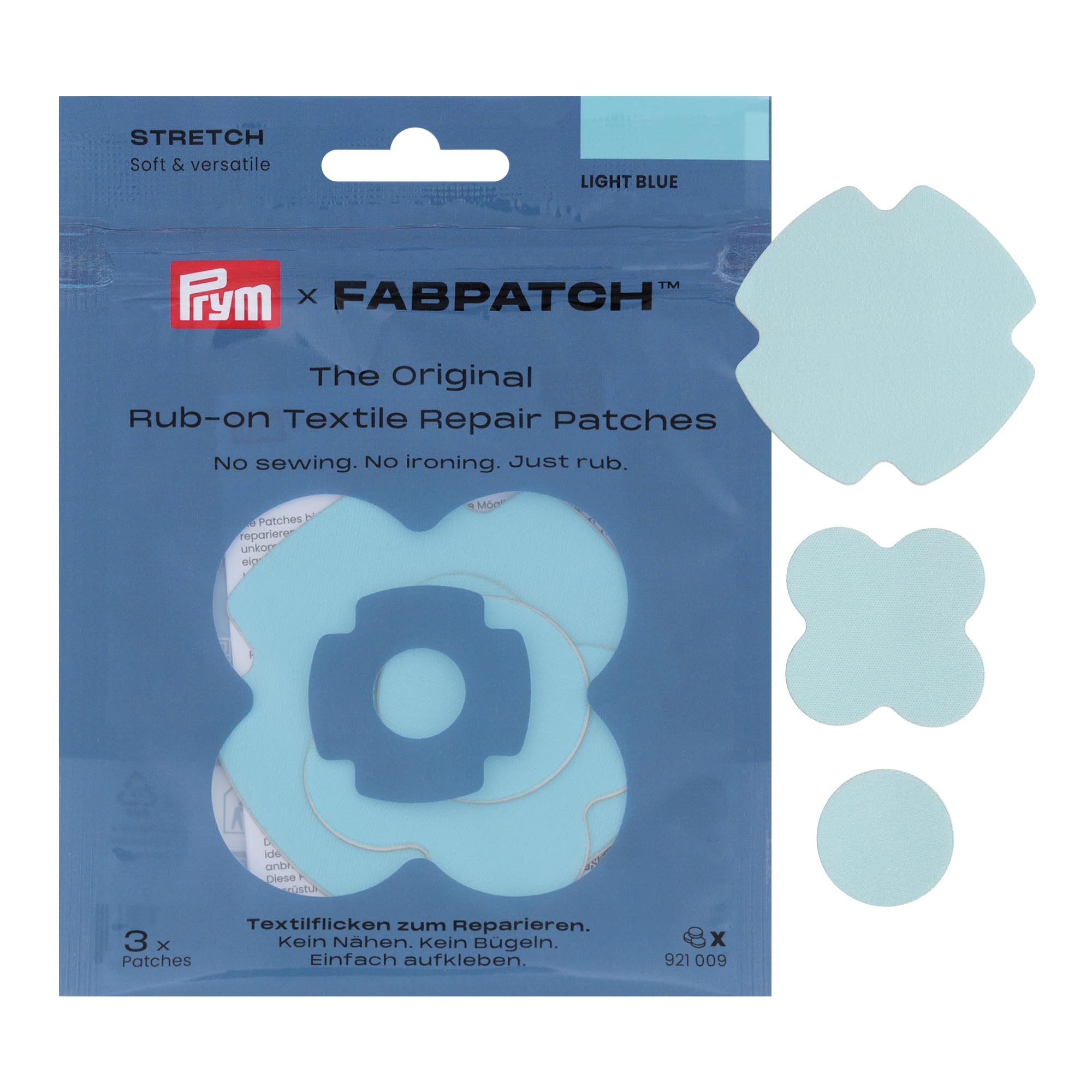 Prym 921009 FabPatch Stretch Rub-on Patch Light Blue (Pack of 3) - Self-Adhesive Bi-Elastic Repair Patches for Sportswear, Leggings, Jackets & Trainers - Textile Repair Without Sewing & Ironing
