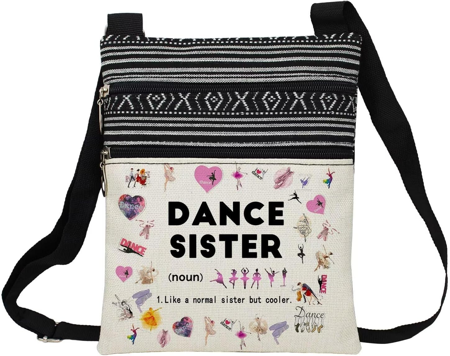 Dance Sister Messenger Bag Small Ethnic Pattern Printed Adjustable Strap Crossbody Zipper Bag Phone Bag Wallet Cute Shoulder Handbag for Dancers Dance Lovers Teammates Women