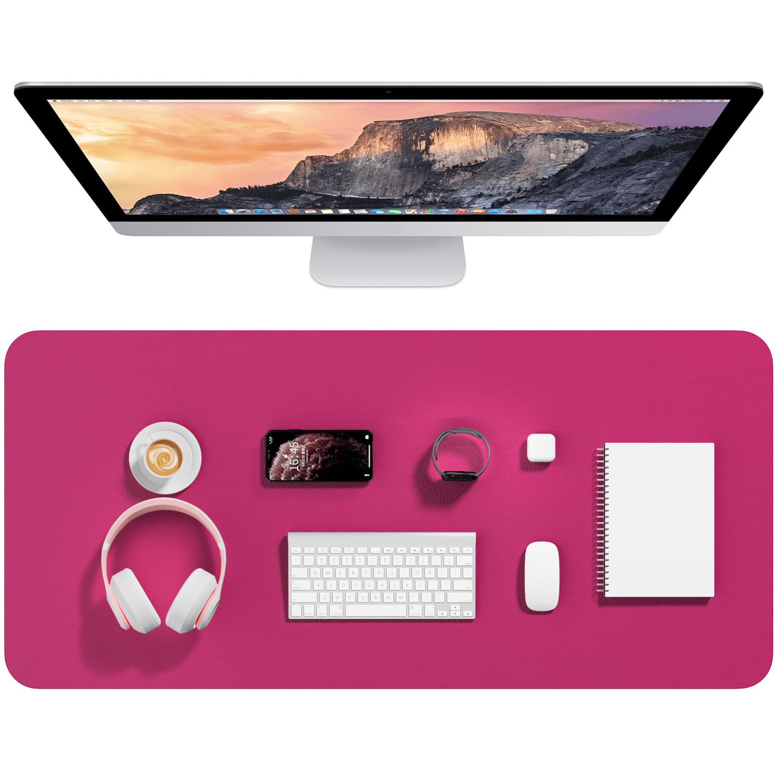 Hsurbtra Desk Pad, 35.5" x 17" PU Leather Desk Mat, XXL Extended Mouse Pad, Waterproof Desktop Blotter Protector, Non-Slip Ultra Thin Large Laptop Keyboard Writing Mat for Office Home, Bright Rose
