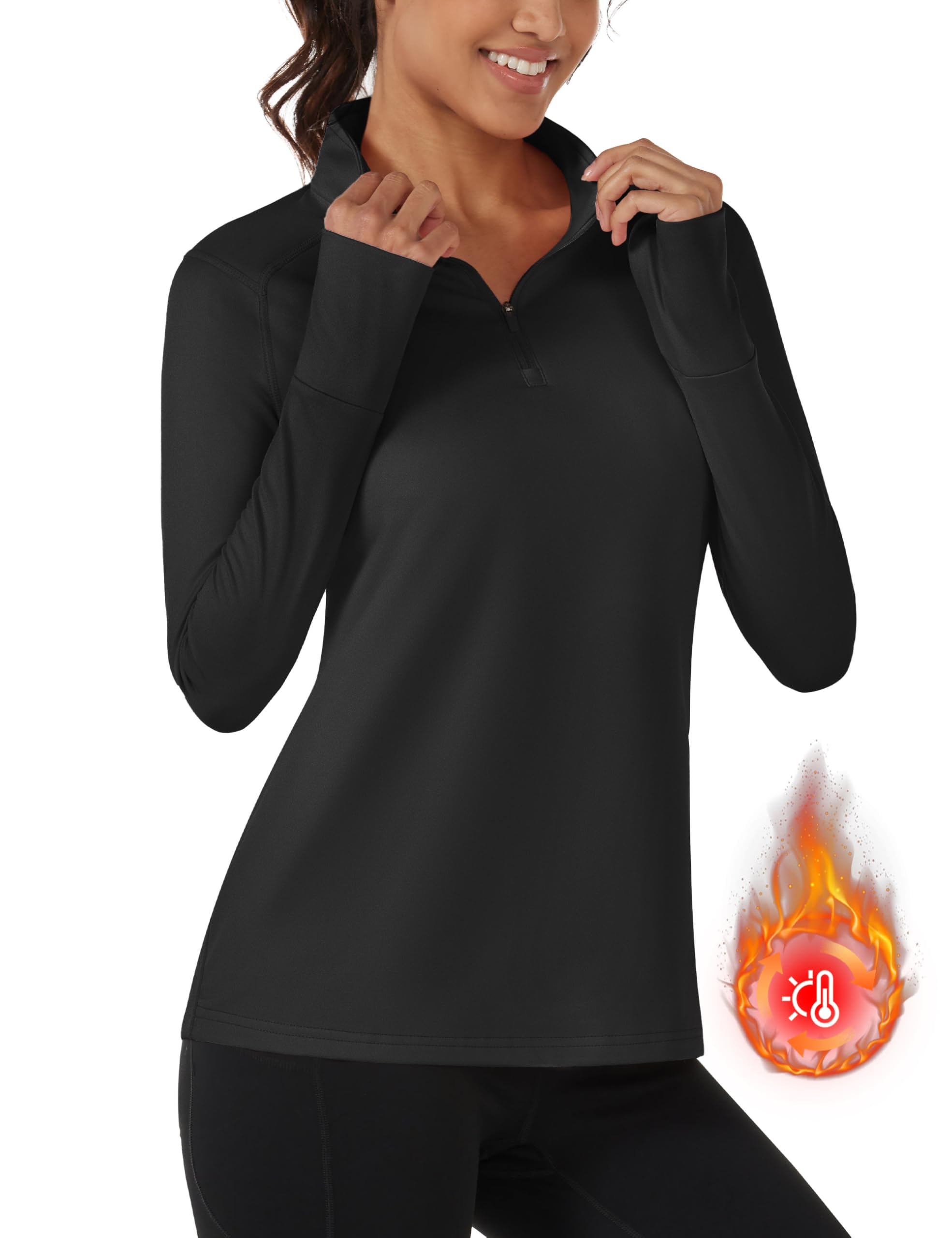 TACVASEN Fleecepullover Damen Sportshirt Langarm mit 1/4 Zip Fleece Laufshirt Atmungsaktiv Langarmshirt Fitness T-Shirt