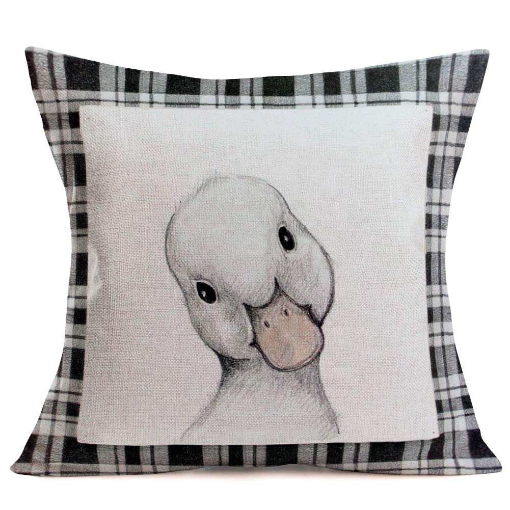 Tlovudori Lovely Animals Decor Throw Pillow Cover Cotton Linen Cute Duck Sketch Charcoal Drawing Pillowcase with Gray Black Buffalo Check Plaid Design Cushion Cover Home Sofa Chair18 x18 (LA-Duck)