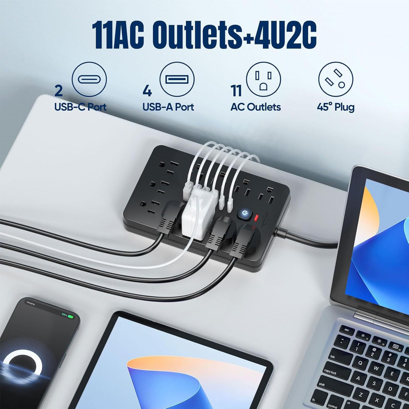 Generic Listwa przeciwprzepięciowa 17 w 1, Listwa zasilająca z portami USB, Listwa przeciwprzepięciowa z płaską wtyczką, Gniazdka z przełącznikiem,White 3m