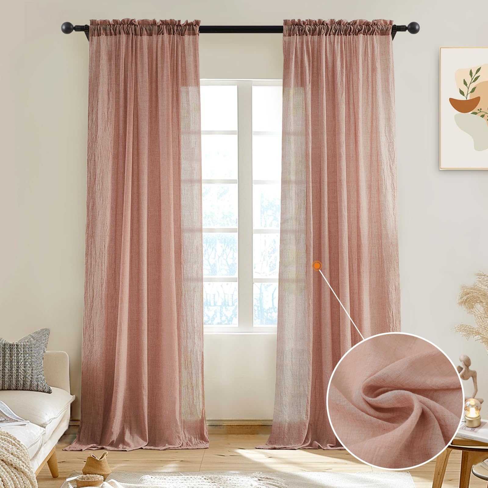 Melodieux Blush Pink Cotton Sheer Curtains 84 Inches Long, Bedroom Living Room Natural Light Filtering Crepe Voile Drapes Rustic Crinkle Linen Sheer Curtains Rod Pocket, 52" W x 84" L, 2 Panels