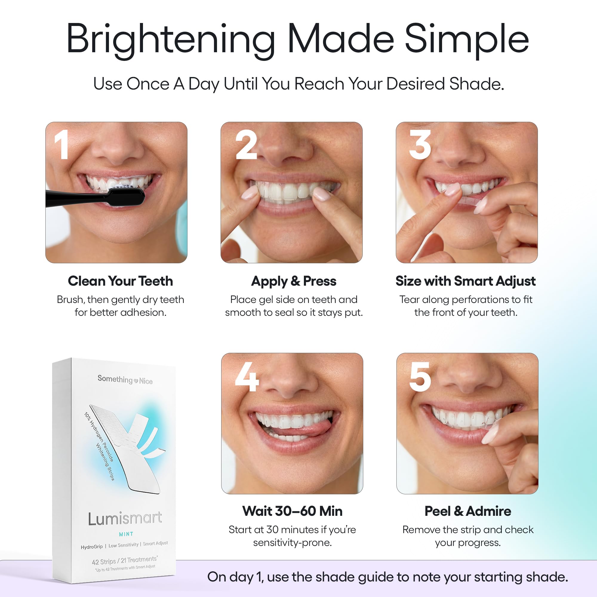Something Nice Lumismart Whitening Strips - Dentist-Designed, Enamel Safe, up to 42 Treatments with Smart Adjust - Teeth Whitening Strips in Mint for Sensitive Teeth