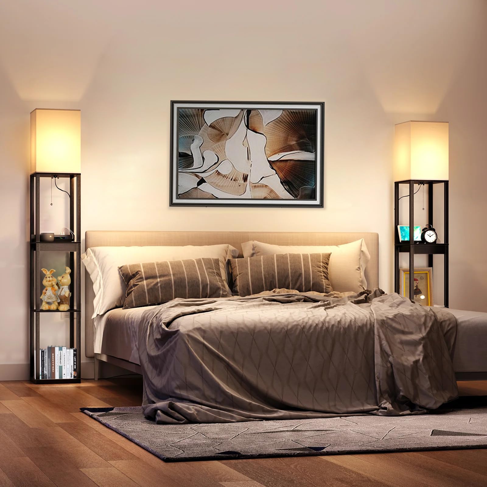 Lámparas de pie para sala de estar, lámpara de pie alta con estantes y cajón, 2 puertos de carga USB y 2 tomas de corriente, bombilla LED brillante de 3CCT incluida, color negro 6