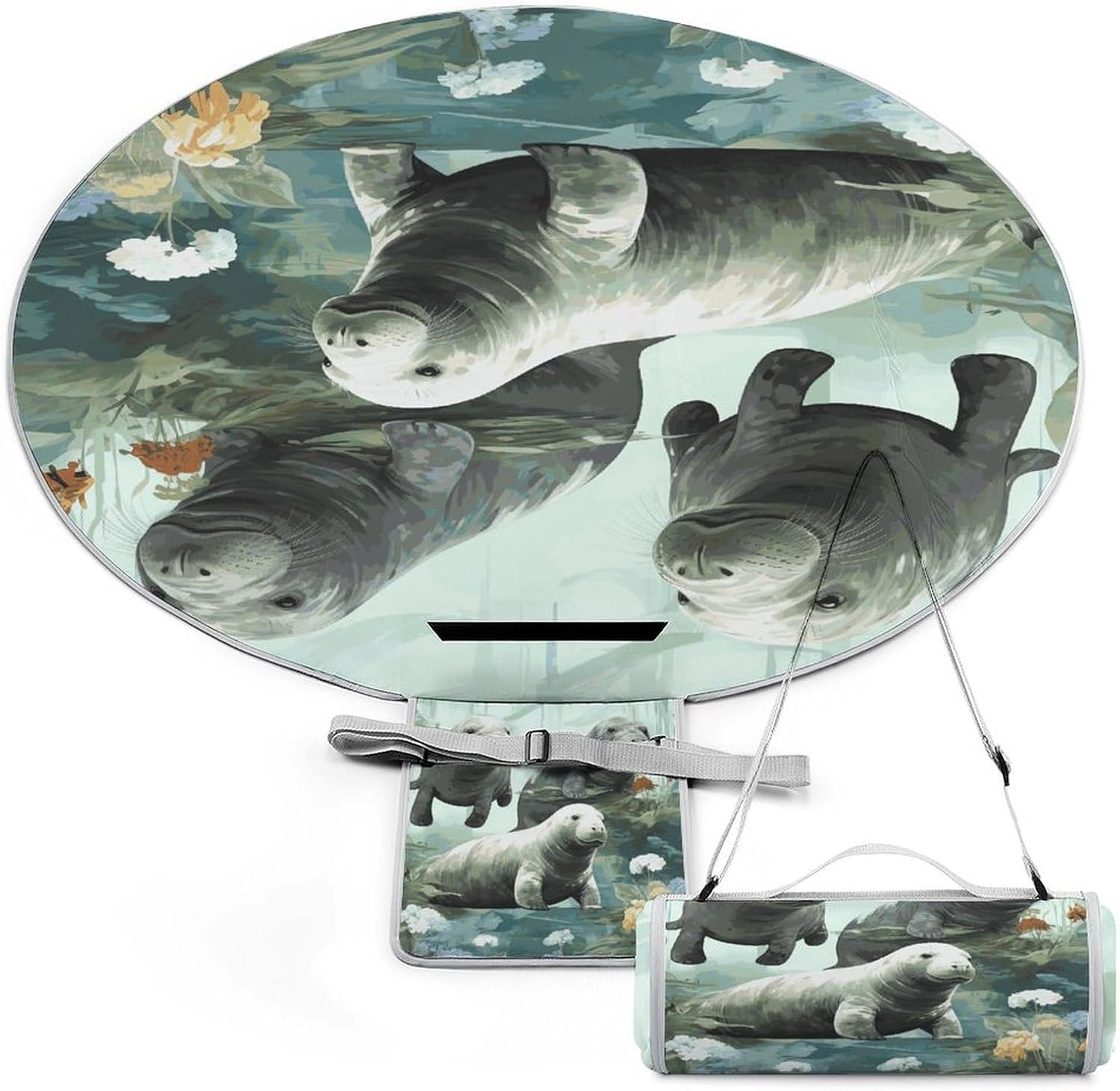 Rabbits Manatees Picnic Mat Lightweight Waterproof Picnic Blankets Extra Large Picnic Outdoor Blankets Foldable Sandproof Beach Blanket for Park Beach Camping Courtyard 58.3''x58.3''
