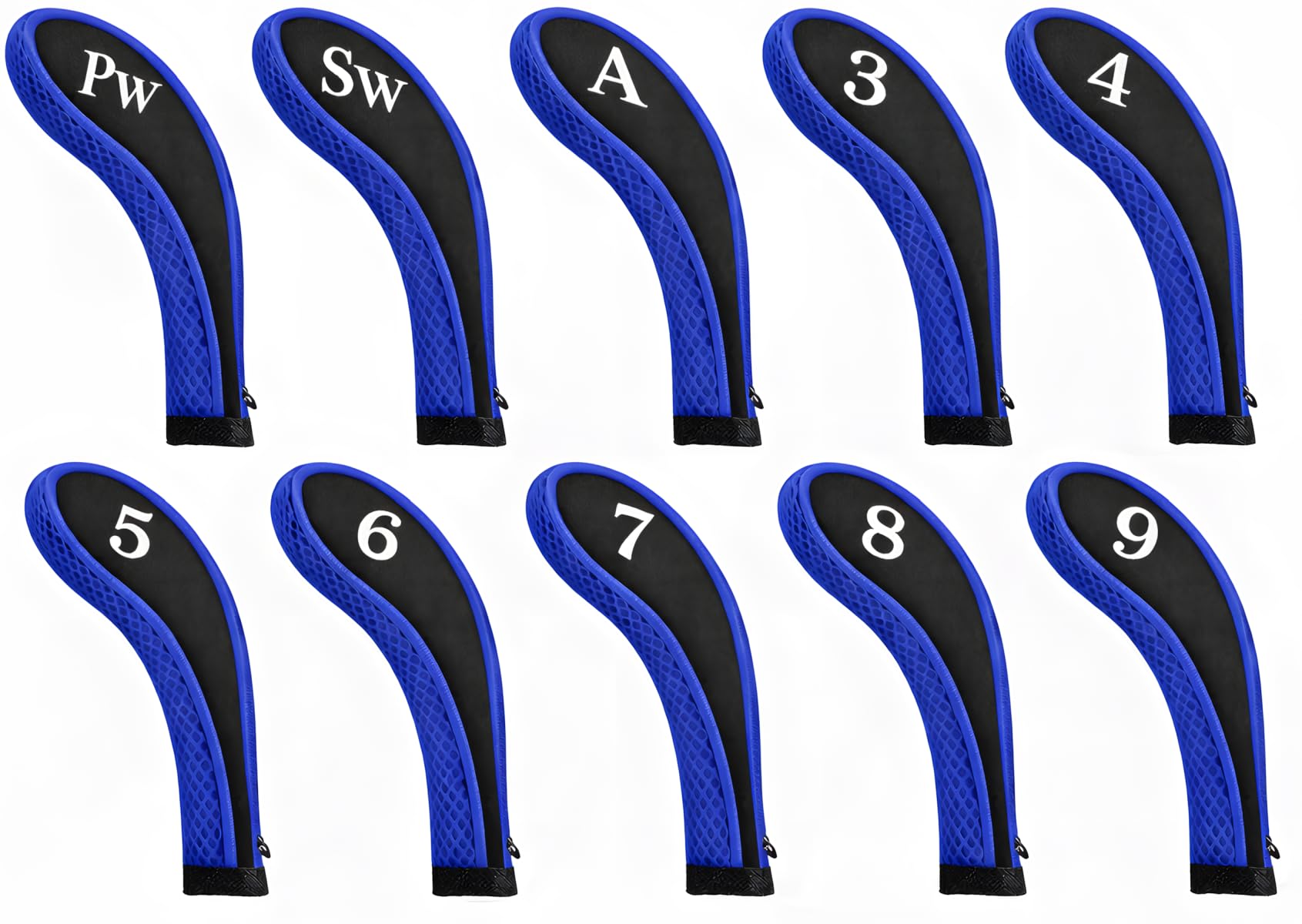 AKORD Golf Iron Headcovers Set – 10pcs Blue & Black Neoprene Club Covers with Printed Numbers, Protective Head Covers for Standard Irons