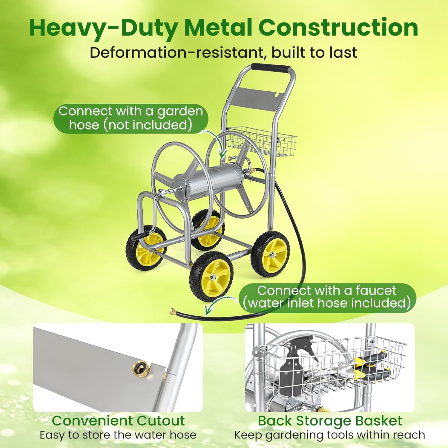 Moccha Hose Reel Cart, Hold Up to 300 FT of 5/8", Heavy-Duty Garden Water Hose Carts with 4 Wheels & Storage Basket for Outside Yard, Outdoor Mobile Planting Tool (Silver)