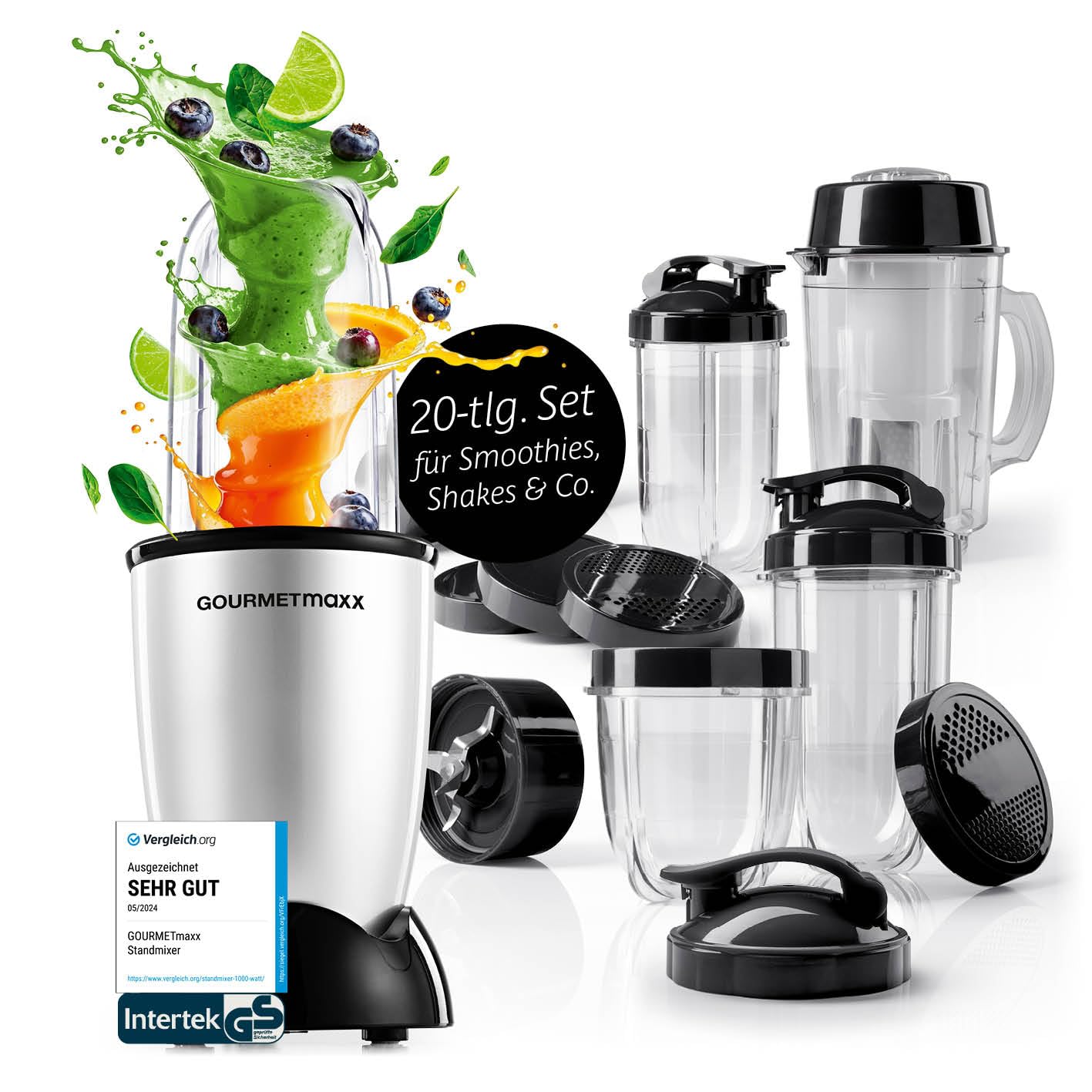 GOURMETmaxx Mr. Magic Power Pro Mixer 400 Watt | Smoothie Maker mit to go Deckel | Standmixer mit Mixbecher & Frischhaltedeckel zum Aufbewahren | Blender mit Zubehörset XL für Shakes, Smoothies etc.