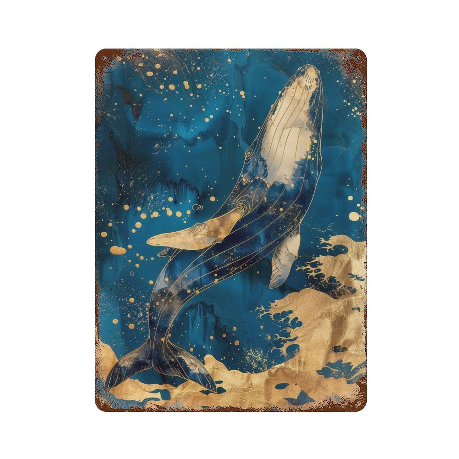 Majestic Gold Whale Rust Effect Tin Sign 15.7"x11.8", for Bistro, Counter And Cafe Decor, Decorative Metal Wall Art