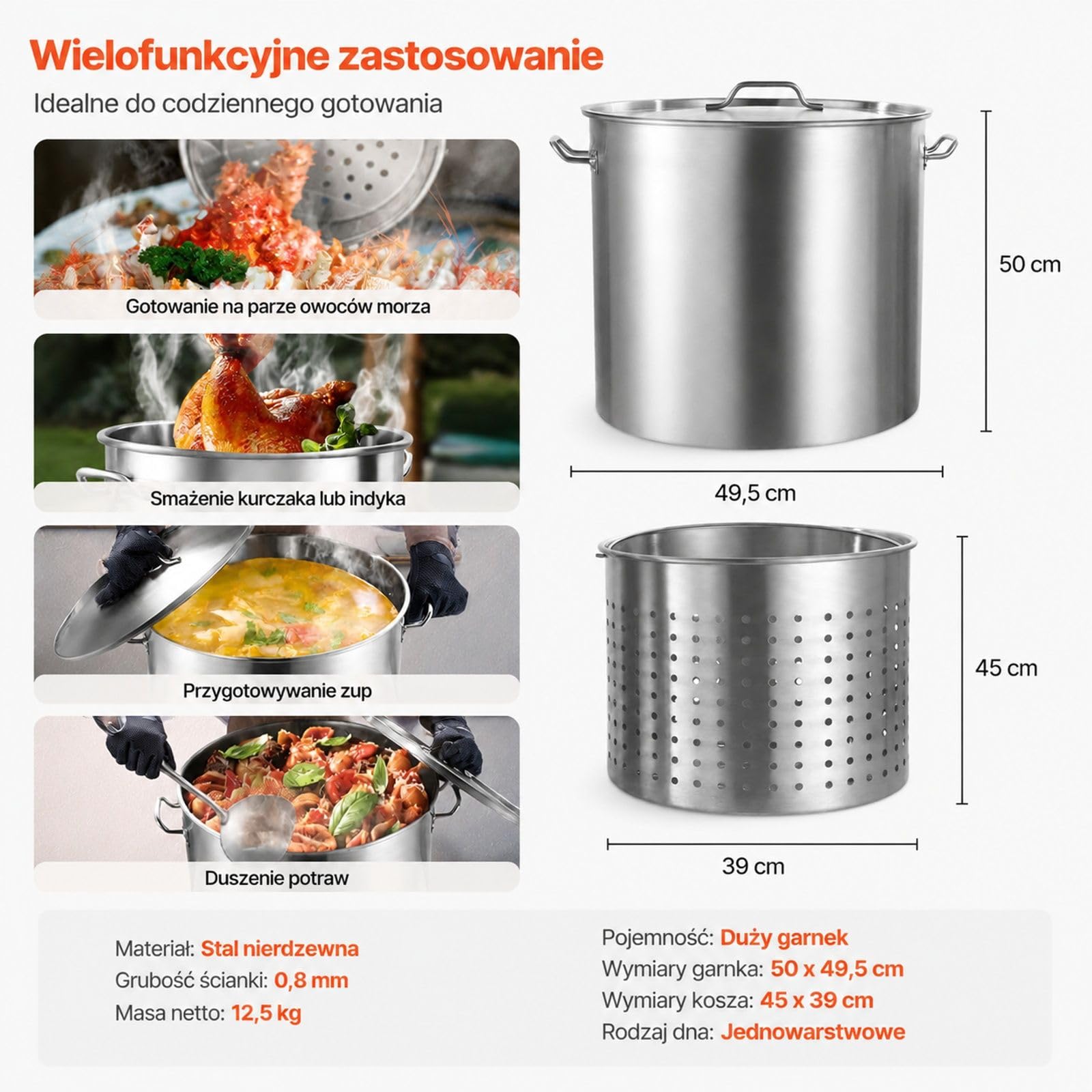 Garnek ze stali nierdzewnej 94,6 l z perforowanym koszem, pokrywką i uchwytami do gotowania i pary