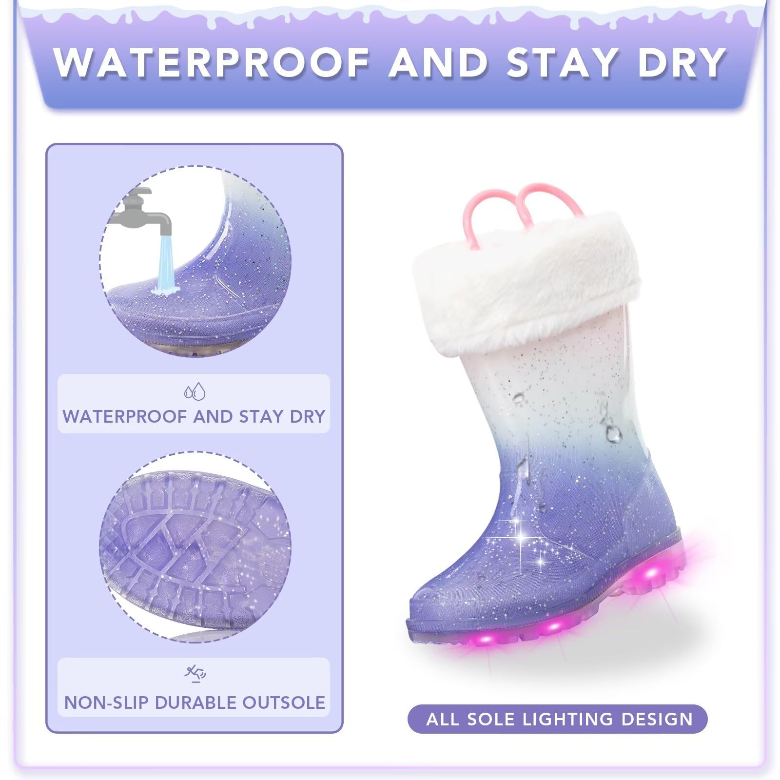 EUXTERPA Stivali di gomma per bambini con calda fodera pelosa, stivali invernali con glitter luminosi per ragazze e ragazzi, facili da maneggiare, stivali Wellington impermeabili