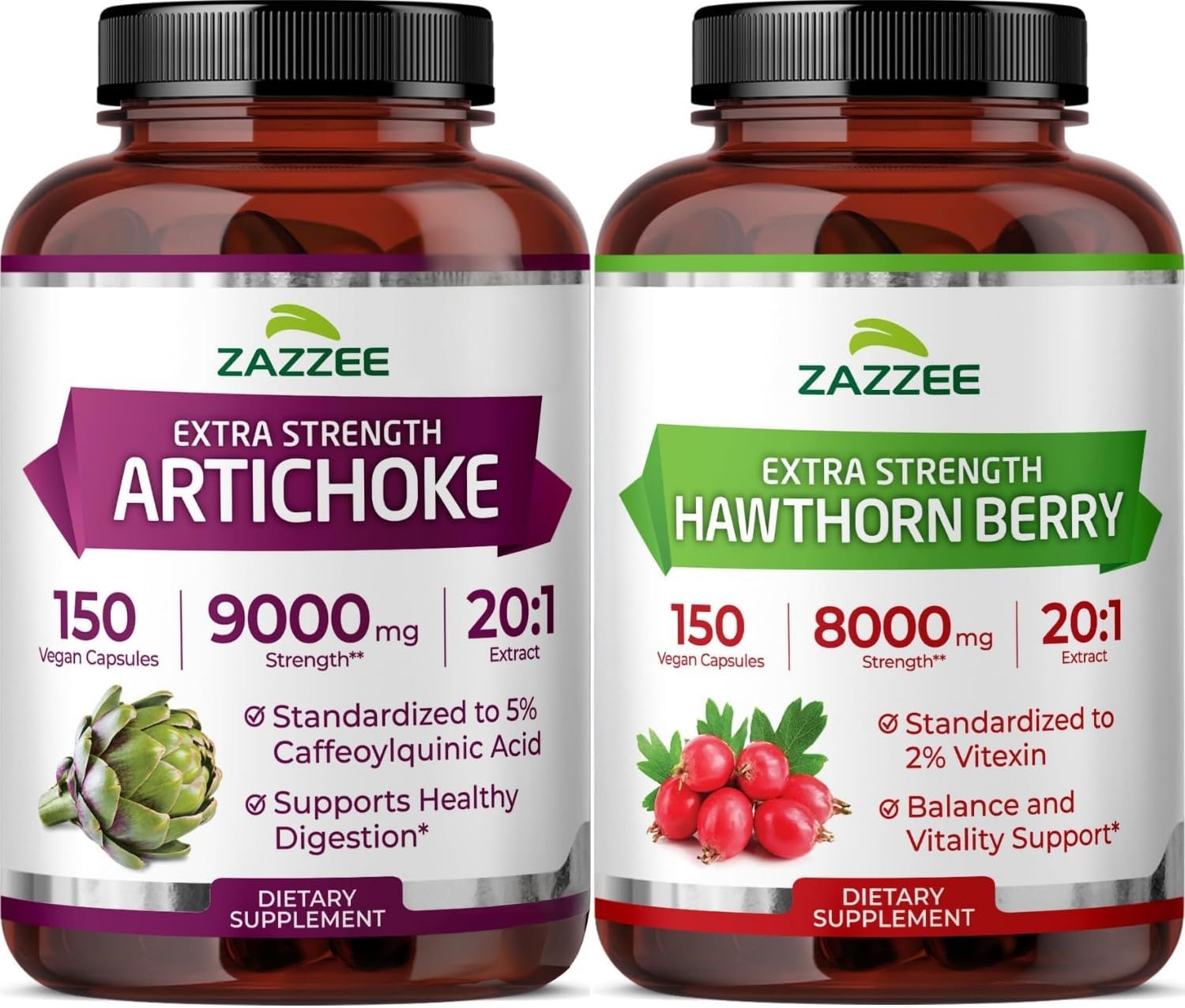 Zazzee Herbal Cardio&Cholestero Support Bundle | Extra Strength 20:1 Hawthorn Berry Plus 20:1 Artichoke Leaf Extract Capsules | Non-GMO Vegan & ISO Lab Tested (150 Servings Each)