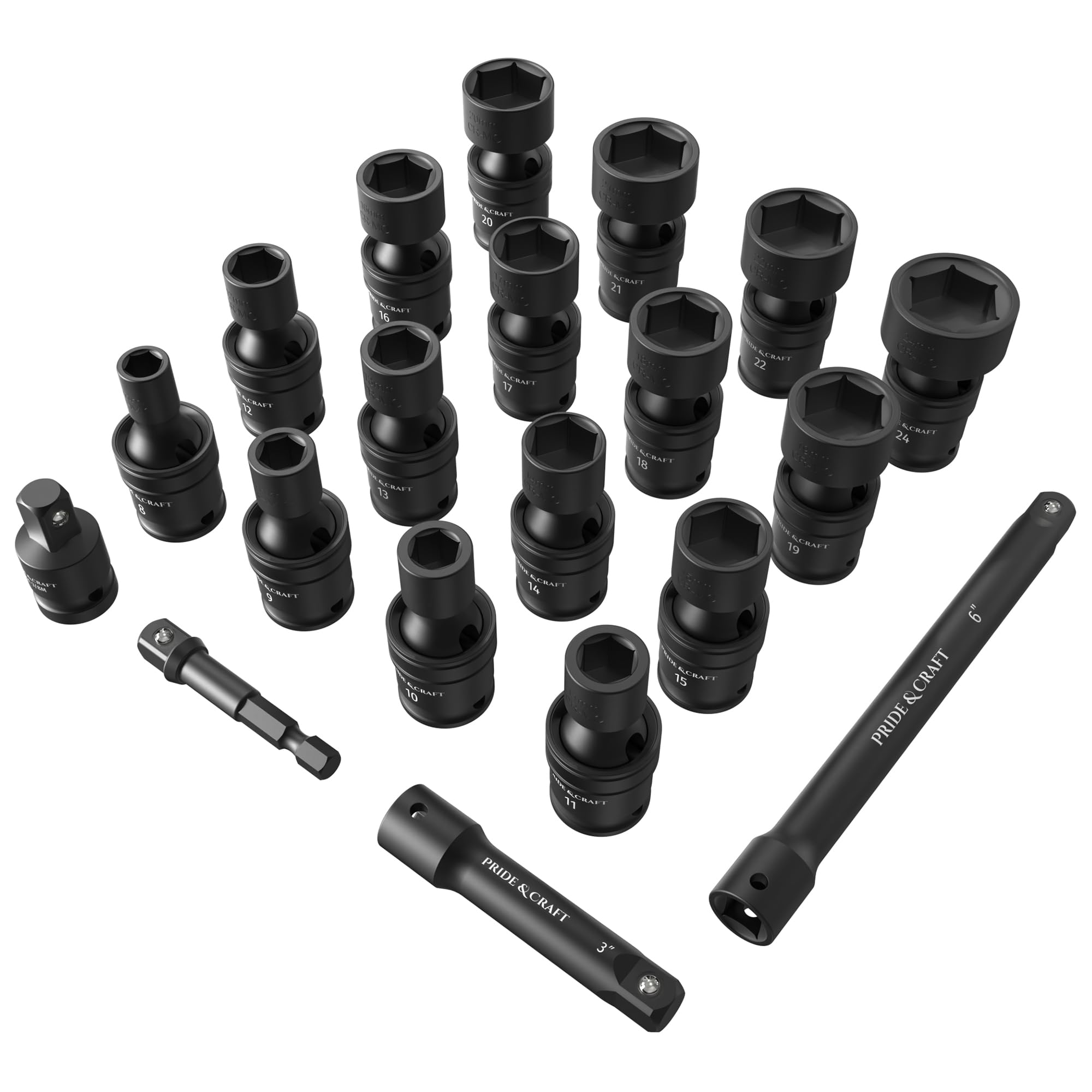 PRIDE&CRAFT 3/8" Drive Universal Impact Swivel Socket Set, 20 Piece Cr-Mo Steel Air Tool Accessories for Automotive & Machinery, 6-Point Universal