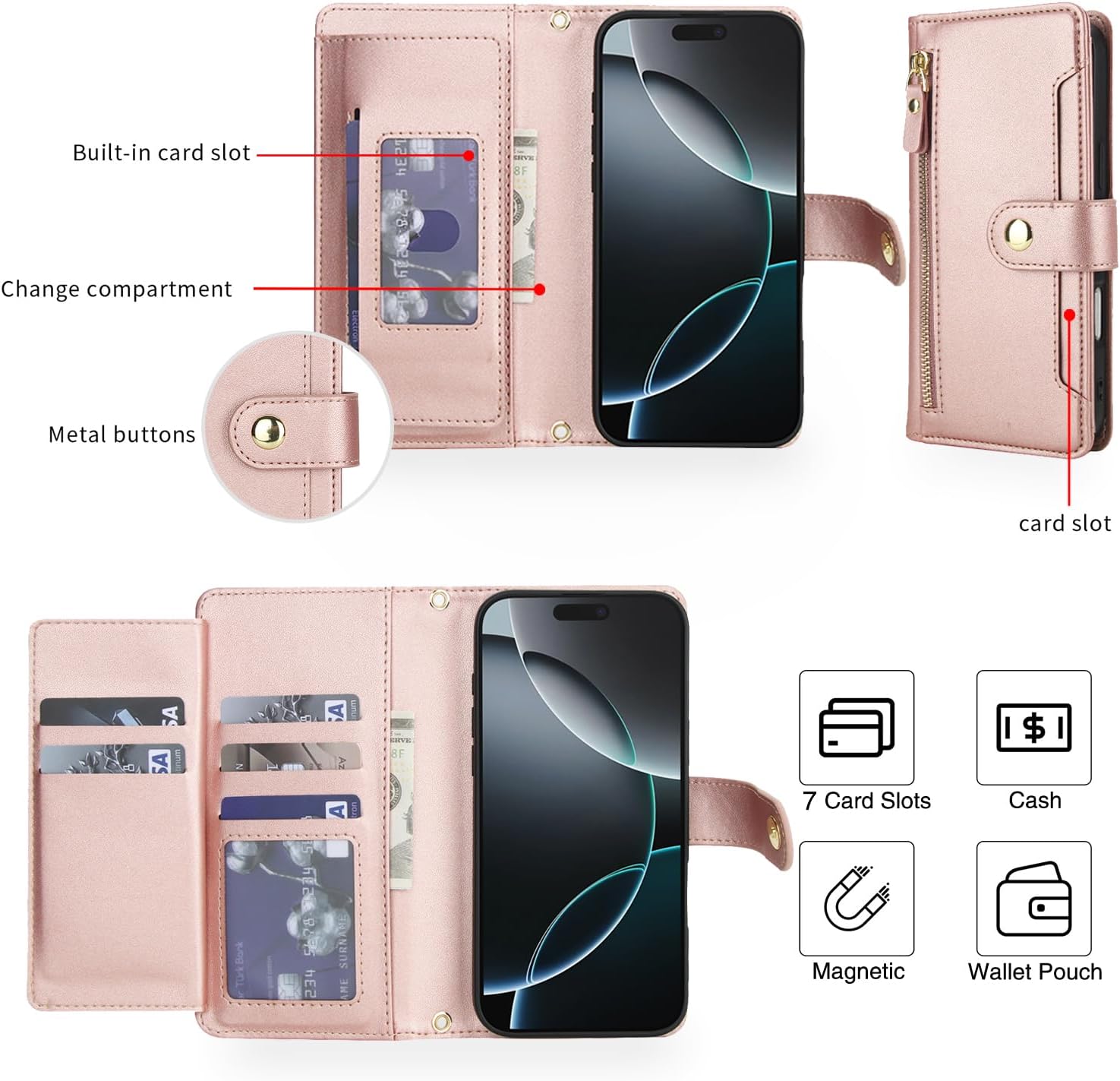 Asuwish Phone Case for iPhone 17 Pro Max 6.9 inch Zipper Wallet Cell Cover, with Tempered Glass Screen Protector and Crossbody Strap, Card Holder i Phone17 17Pro i17 ProMax 17ProMax Women Rose Gold