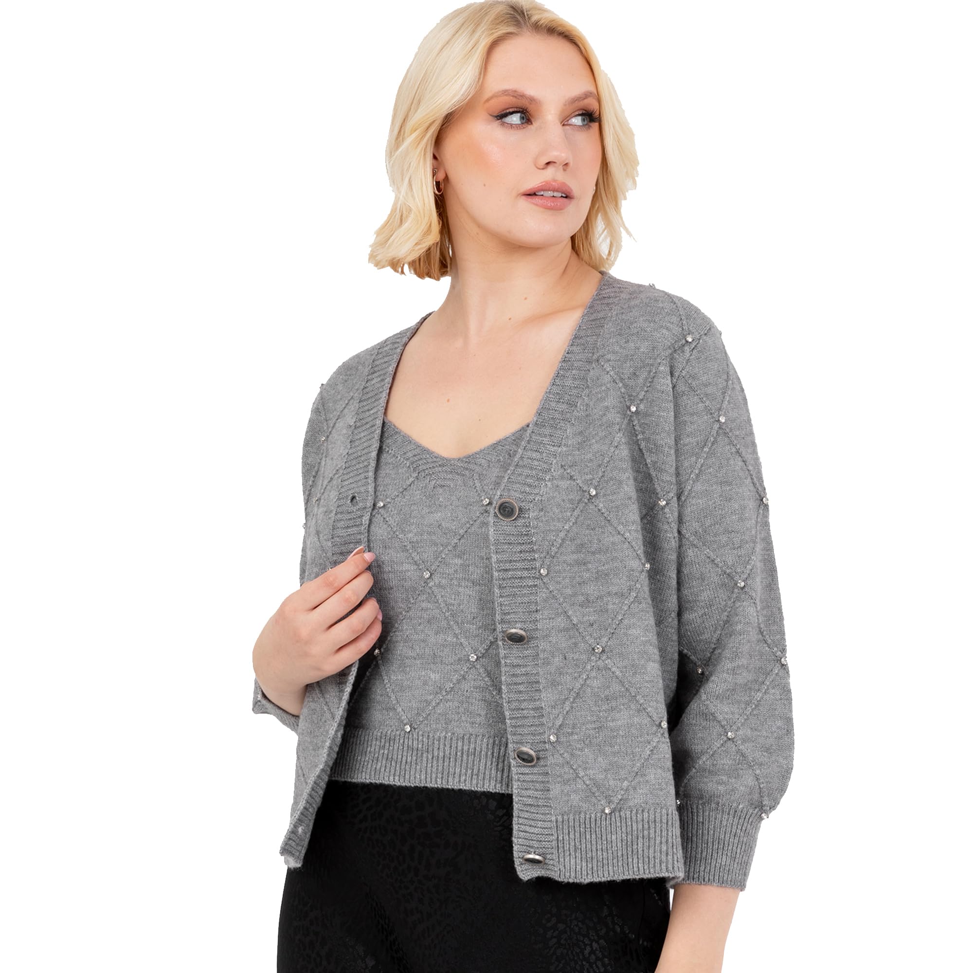 Lovedrobe Women's Twinset Ladies Long Sleeve Cardigan Knitted Two Piece Vest Tank Top Co-ord Set Diamante Smart Casual Knitwear, Grey 12-14