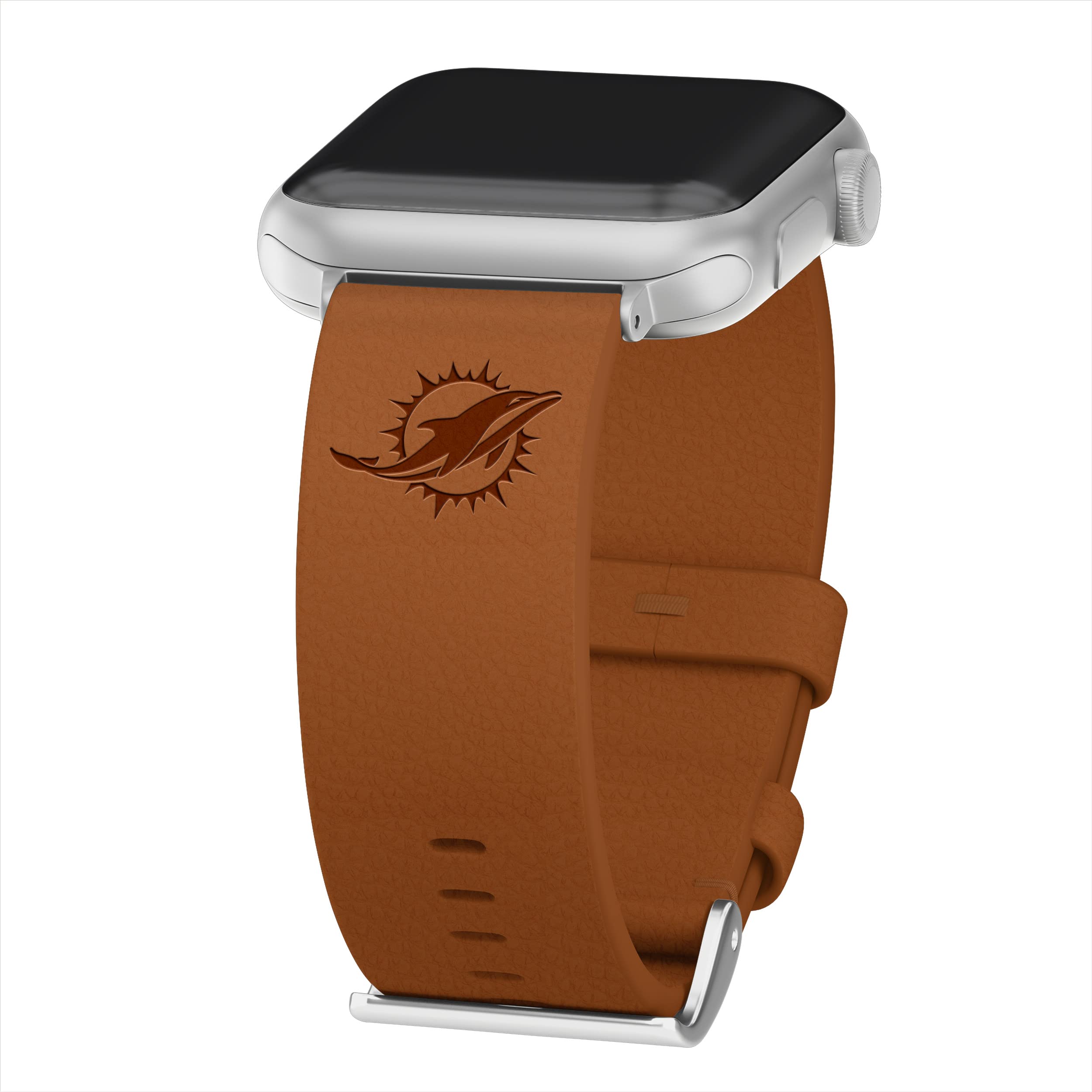 Game Time Miami Dolphins Leather Watch Band Compatible with Apple Watch (42/44/45mm Cocoa Tan Short)