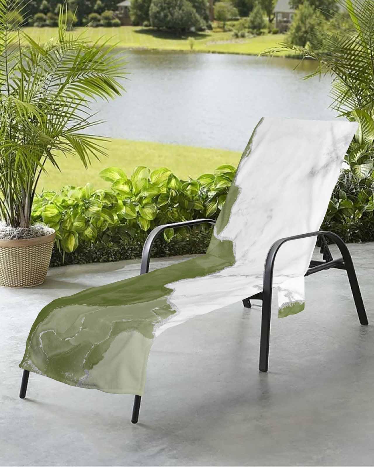 Beach Pool Patio Lounge Chaise Chair Cover Towel With Pockets,Sage Green Marble Absorbent & Quick Dry Microfiber Towel Cover Bag Summer Travel Accessories for Sunbathing Silver Grey White Marbling Ink
