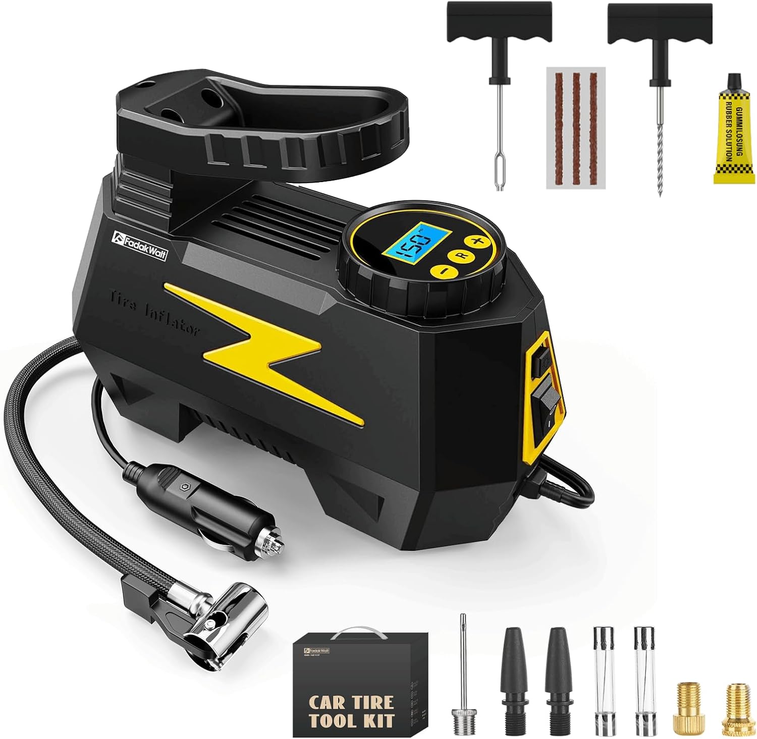 FADAKWALT Tire Plug Repair Kit with 12V DC Tire Inflator, Tire Patch Tool Set Includes Spiral Probe Tool, Insertion Tool, 3 Repair Plugs, and Tire Repair Glue for Cars and Motorcycles (yellow pump)