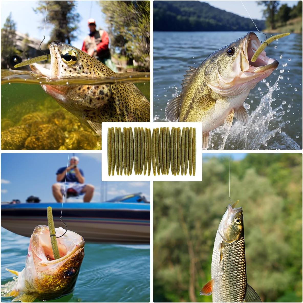 Senko Bait Soft Plastic Lures 5" Senkos 24 Pcs/100pcs for Wacky Rig Freshwater Fishing Green Pumpkin senko with Black Flake Pink Watermelon Double Color