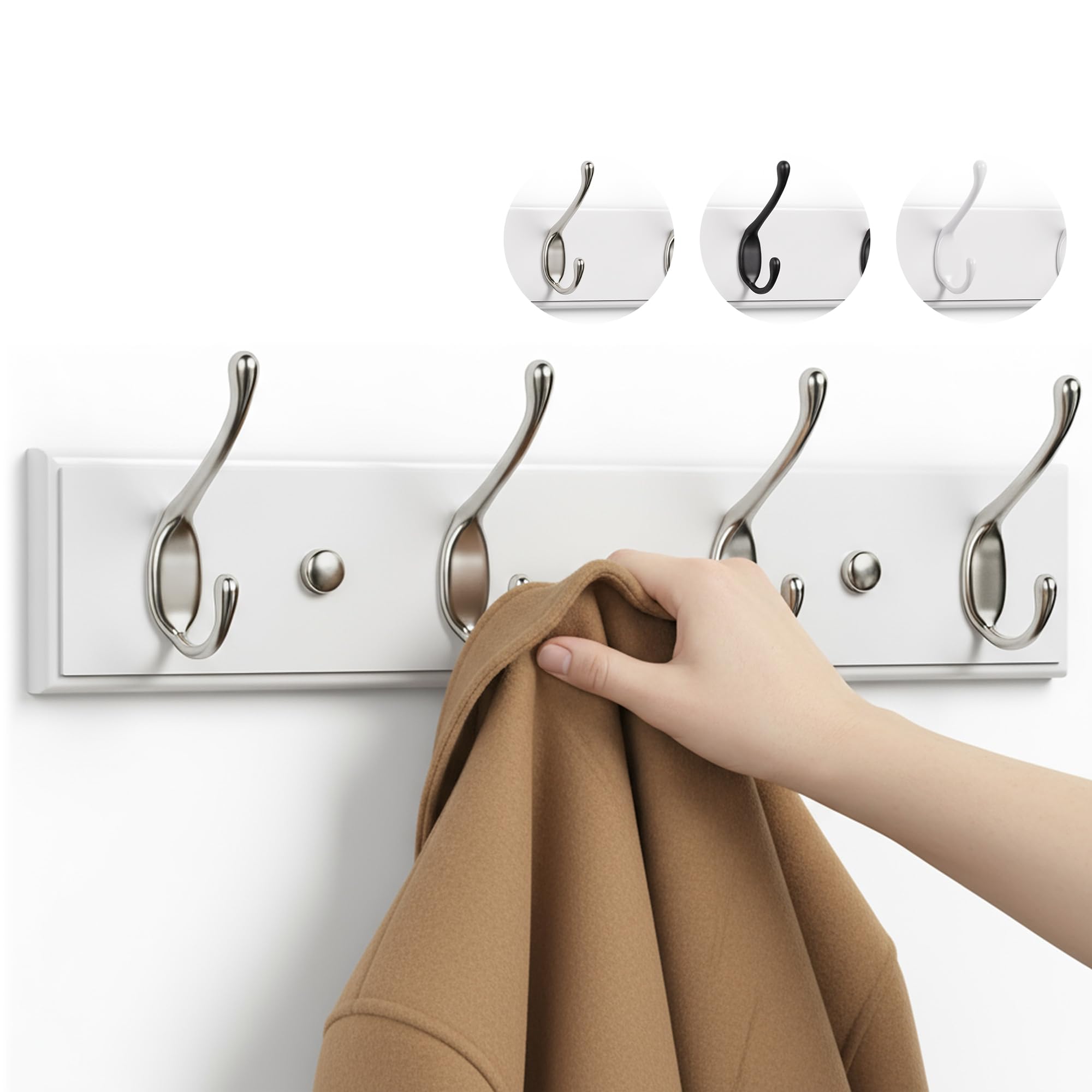 Larhn White & Matt Nickel White Wall-Mounted Coat Rack - 4 Matt-Nickel Coat Hooks, 42Cm