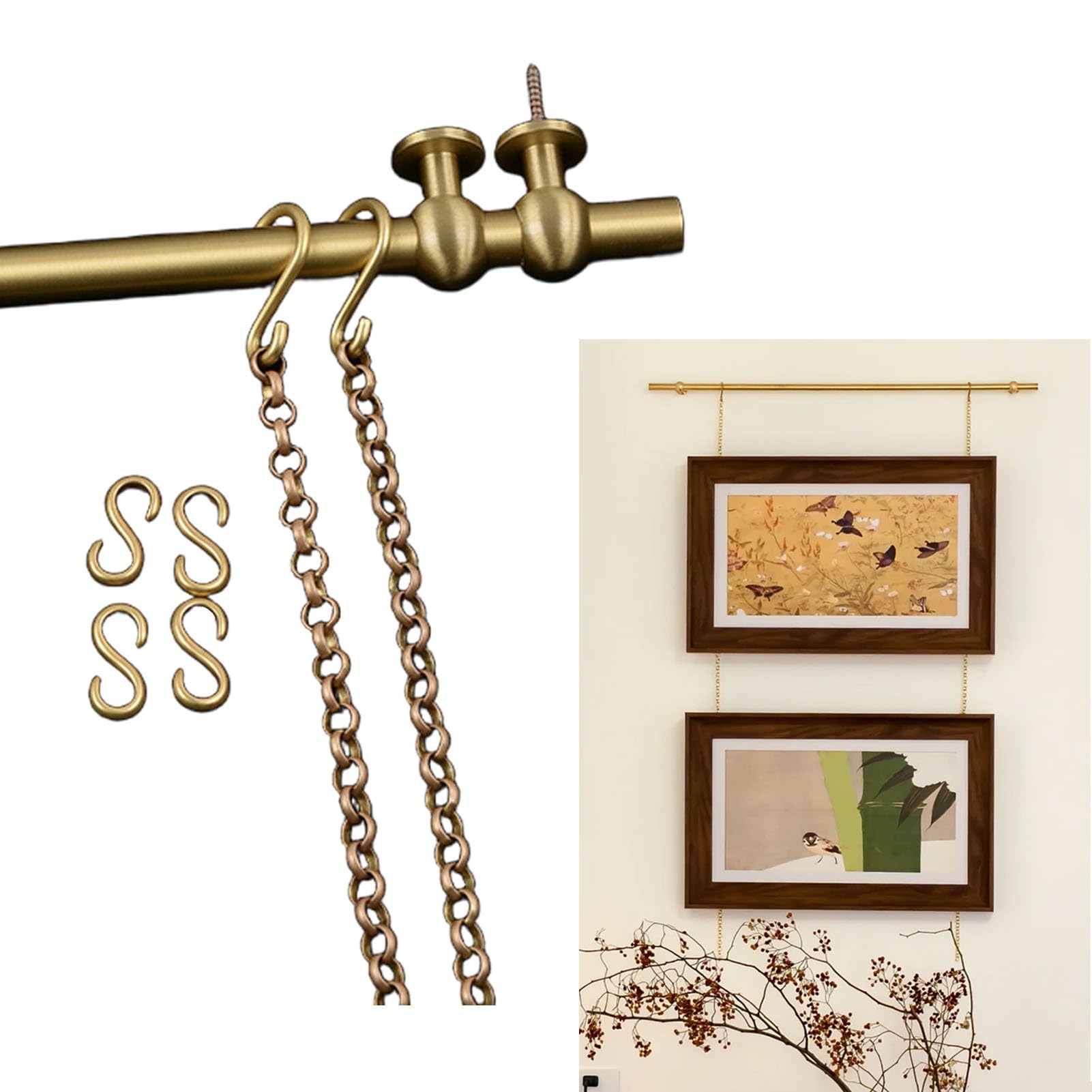 Bild Aufhänger Bilderschienen-Aufhängesystem Messing-Gold Verstellbares Bilderdraht-Aufhängeset mit Halterungen, Haken und Schrauben Galerie-Aufhängewerkzeug für Wandkunst(1pc,59in/150cm)