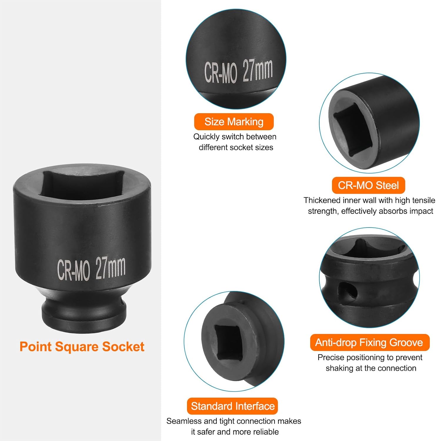 HARFINGTON 2pcs 4 Point Square Socket 1/2" Drive 27mm Metric Square Impact Socket CR-MO Blackening Standard Wheel Sockets Pneumatic Socket Tool for Auto Repair Mechanical Maintenance Home Use