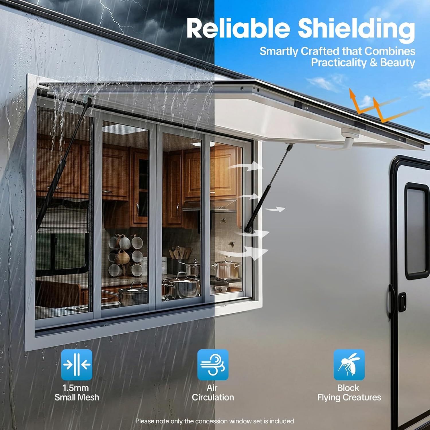 Food Truck Concession Window, Aluminum Alloy Food Truck Window with 4 Horizontal Sliding Screen Windows, Awning Door and Drag Hook for Food Trailer (48 x 30 inch)