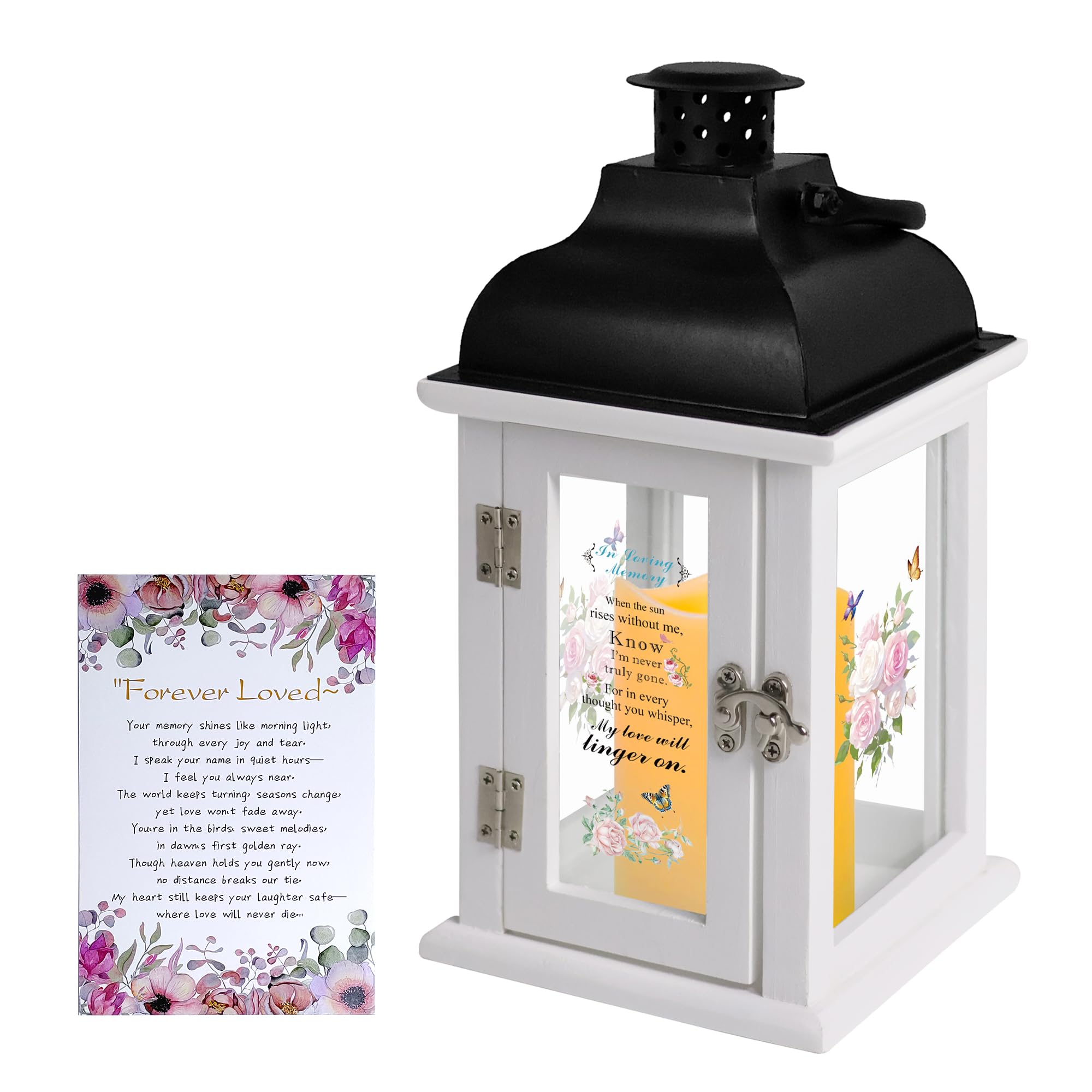 Memorial Lantern Sympathy Gift for Loss of Loved One - Bereavement Remembrance Keepsake Funeral Gift, Solar Powered Lantern with Rose Floral Design Poem, Automatic LED Candle Lantern for Family Loss