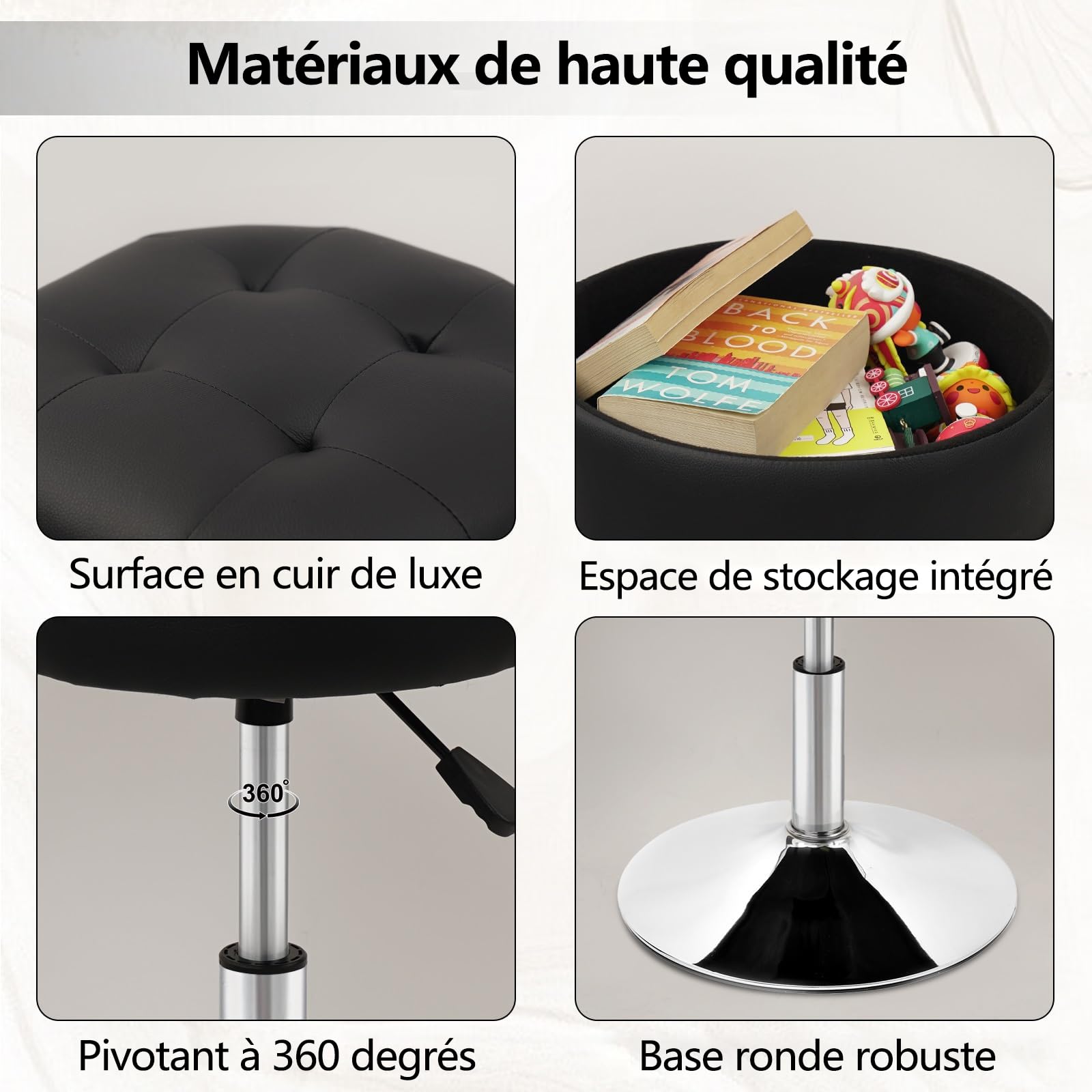 Klasika Tabouret de Coiffeuse avec Rangement, Pivotant à 360° Réglable en Hauteur Tabourets Chaise de Maquillage Rembourré, Rond Vanité Siège pour Chambre à Coucher, Salon, Noir