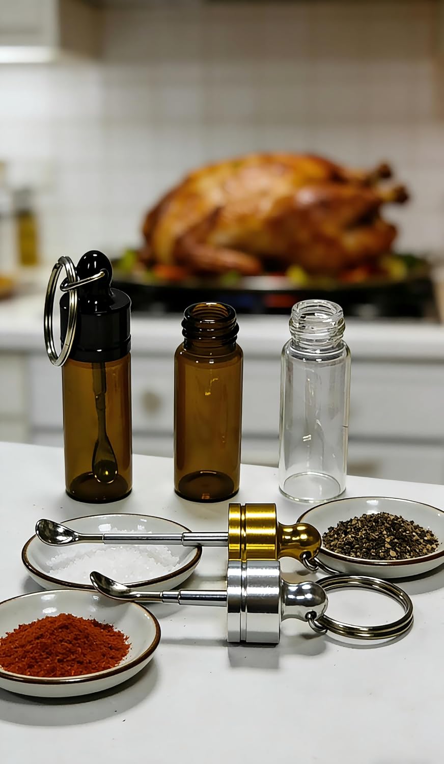 3 Pack Portable Mini Spice Jar with Stainless Steel Spoon & 3 Cleaning Brushes, Keychain Small Glass Seasoning Bottle for Salt Pepper Dry Spices