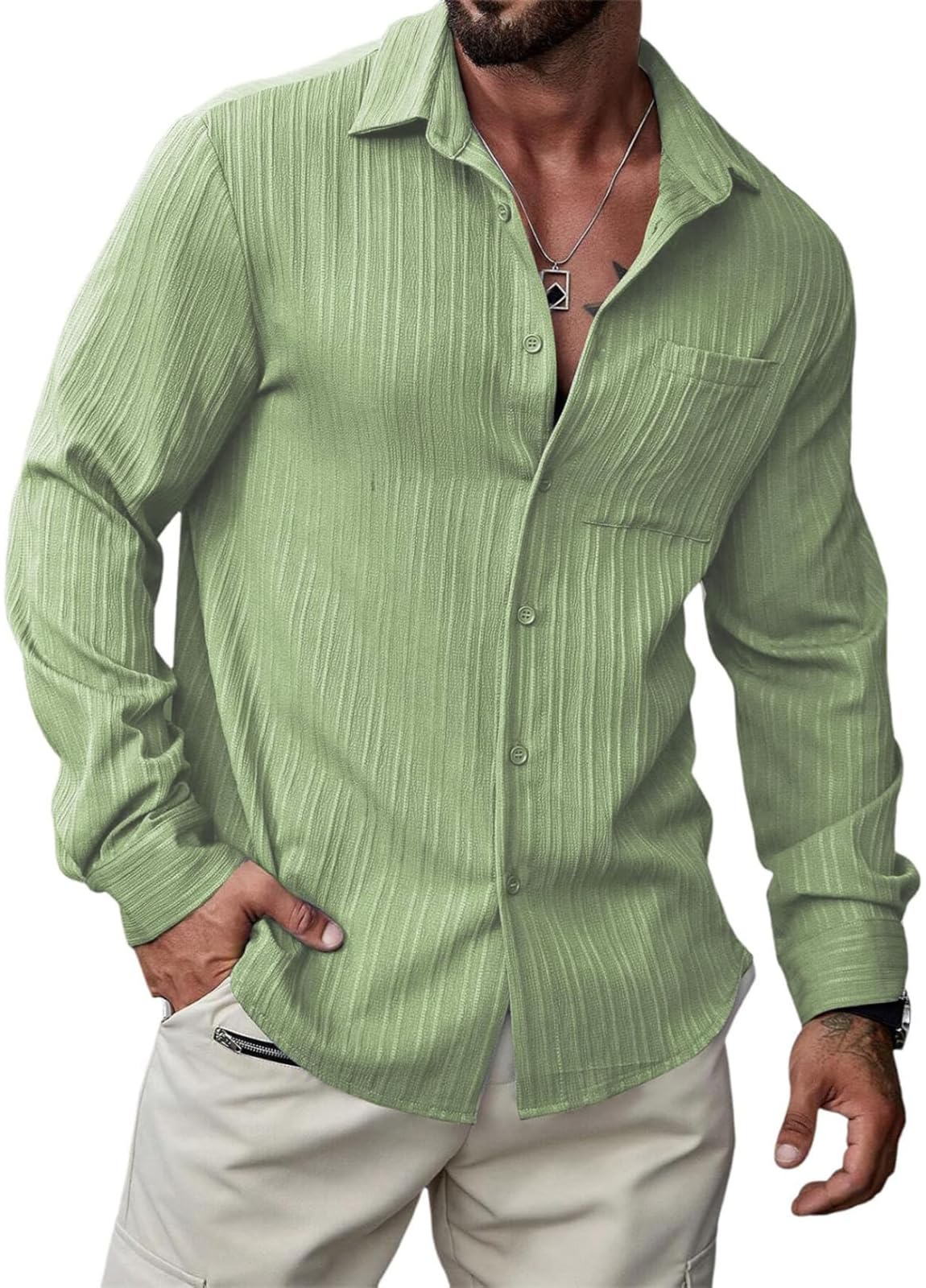 DEELMOMen's Button Down Dress Shirts Textured Long Sleeve Casual Hawaiian Beach Shirt with Pocket