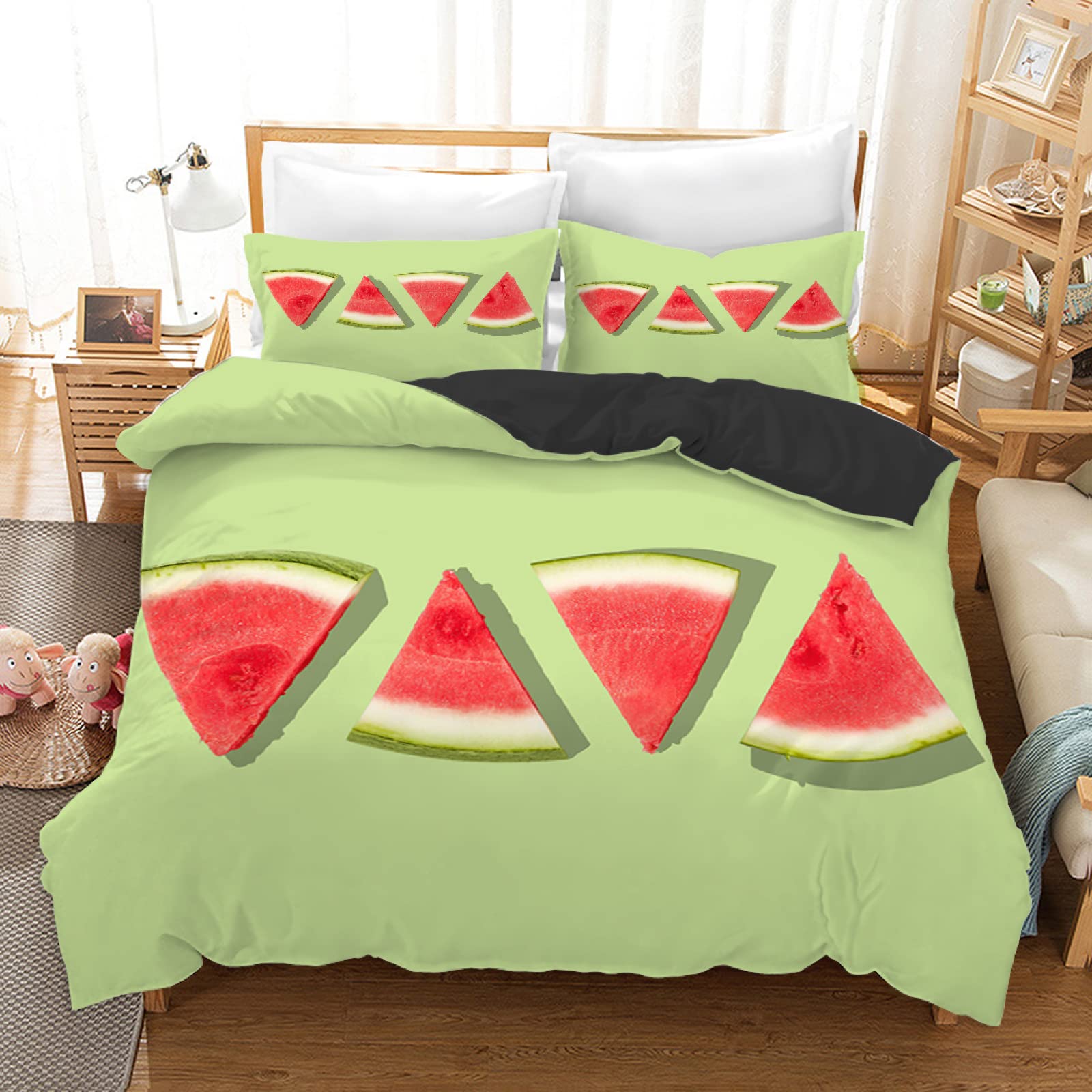 Parure de lit 90x190 enfant pastèque verte en microfibre 110g/m² avec taie d'oreiller