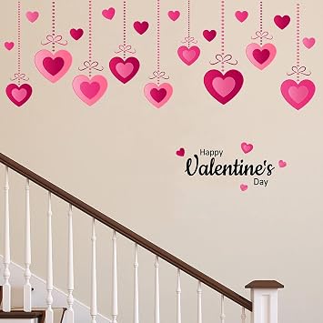 Rose Pink Valentines Day Wall Decals Hanging Heart Peel and Stick Stickers, Romantic Love Wall Decor for Living Room, Bedroom or Valentine Party Decorations