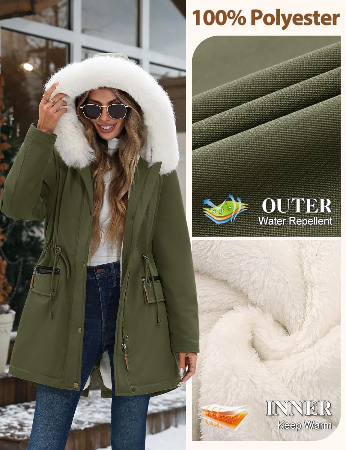 Women's Winter Warm Parka Jacket Fleece Lined Drawstring Thicken Coat Windproof Hooded Sherpa Outerwear - Image 5